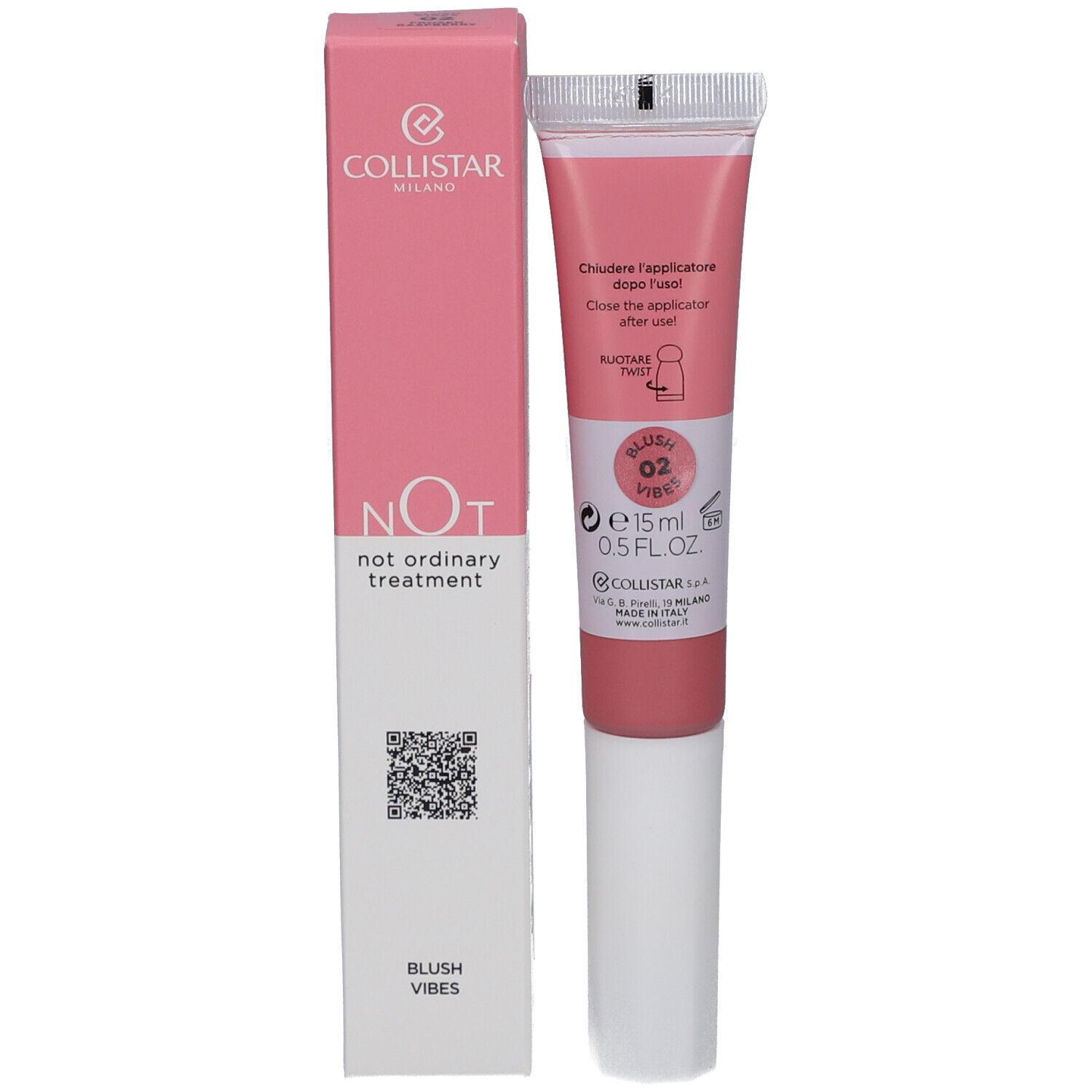 Rosa Verpackung und Tube. Aufschrift: Collistar, NOT, Blush Vibes. Tube mit Applikator.