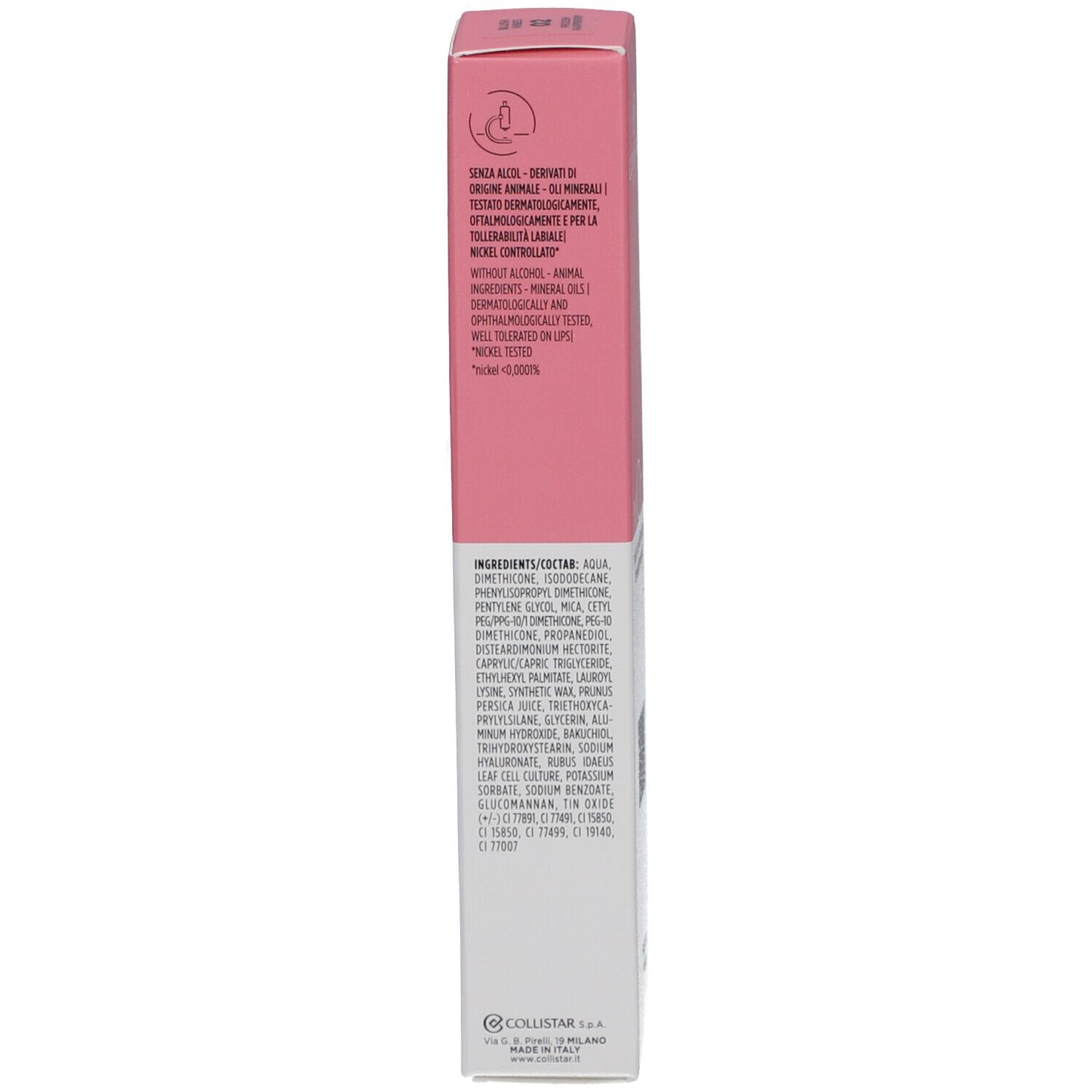 Rosa Verpackung. Text: Inhaltsstoffe, dermatologisch getestet. Marke: Collistar.