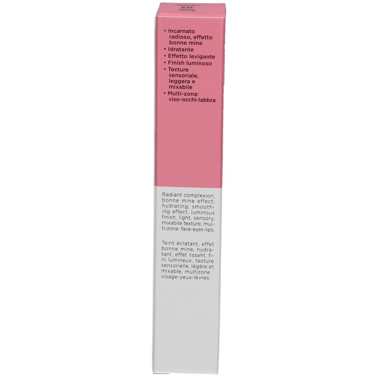 Rosa Verpackung. Text: Eigenschaften, Radiant Complexion, bonne mine effect. Marke: Collistar.