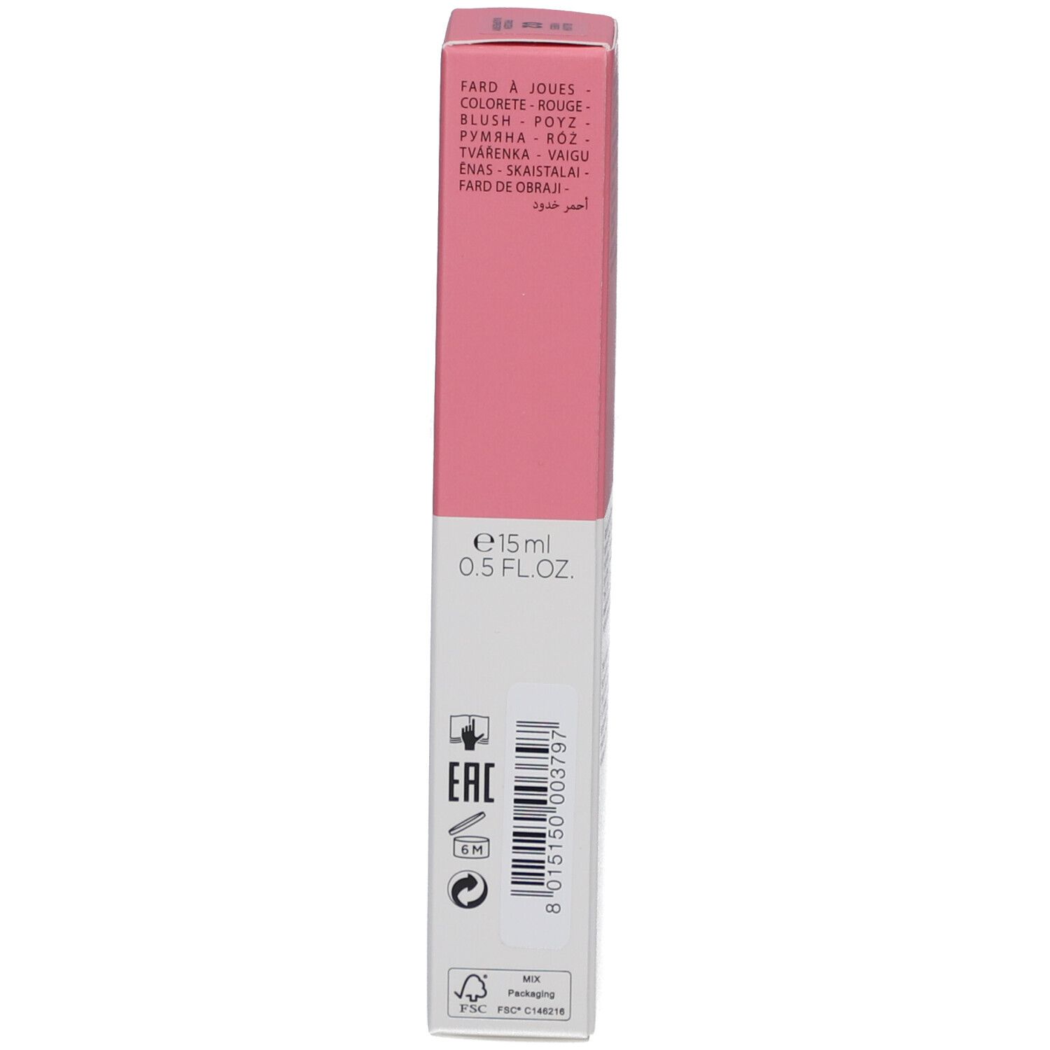 Rosa Verpackung. Text: Farbtöne, Volumen, EAN-Code. Marke: Collistar.