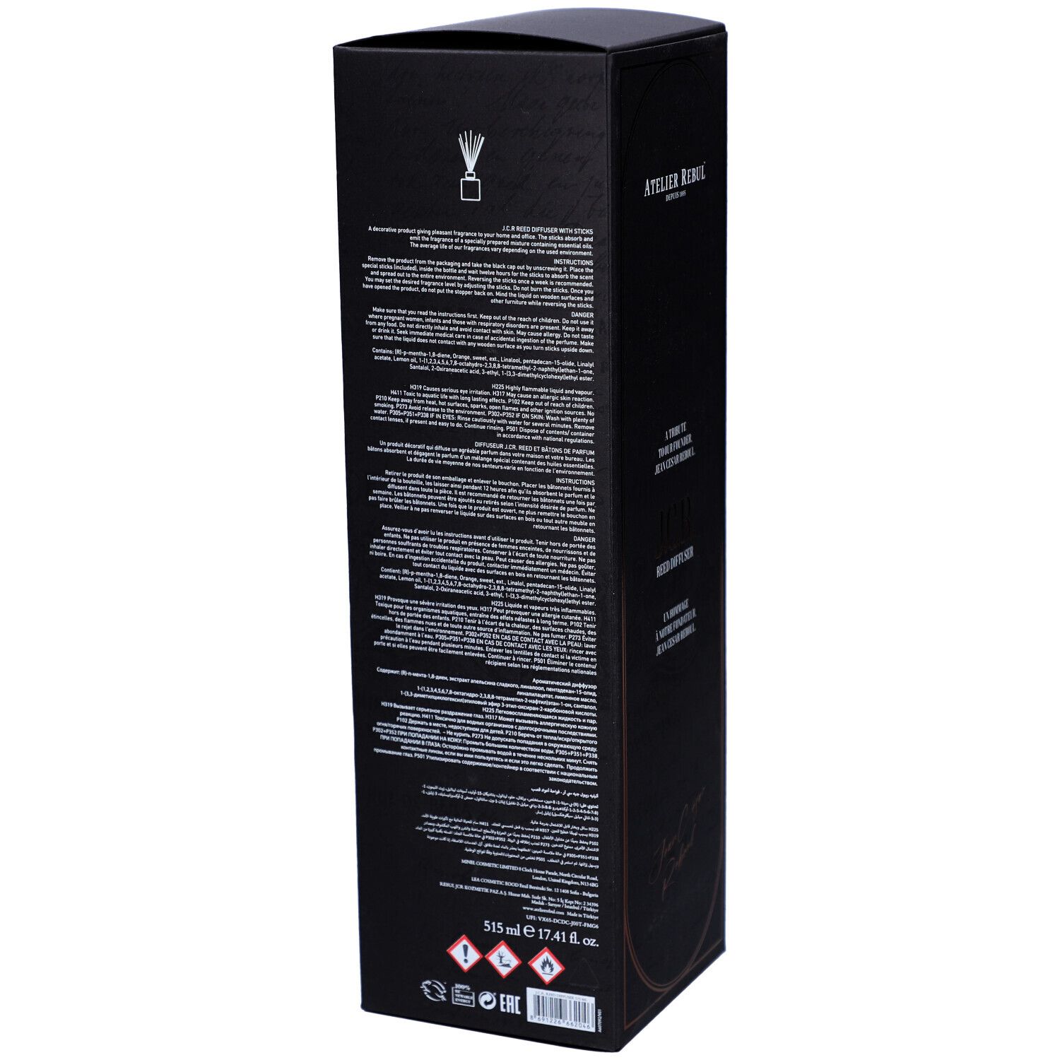 Schwarze Verpackung mit Text. Text: 515 ml 17.41 fl. oz. Gefahrensymbole. Atelier Rebul. Rückseite der Verpackung.