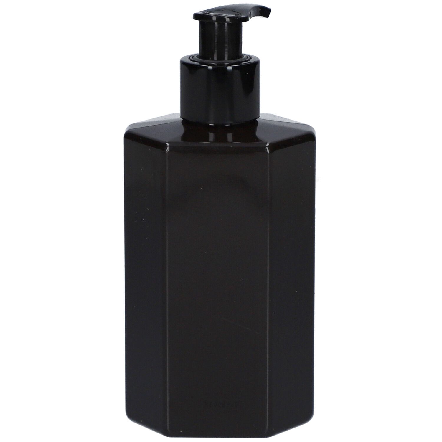 Schwarze, achteckige Flasche mit schwarzer Dosierpumpe. Leere Flasche.