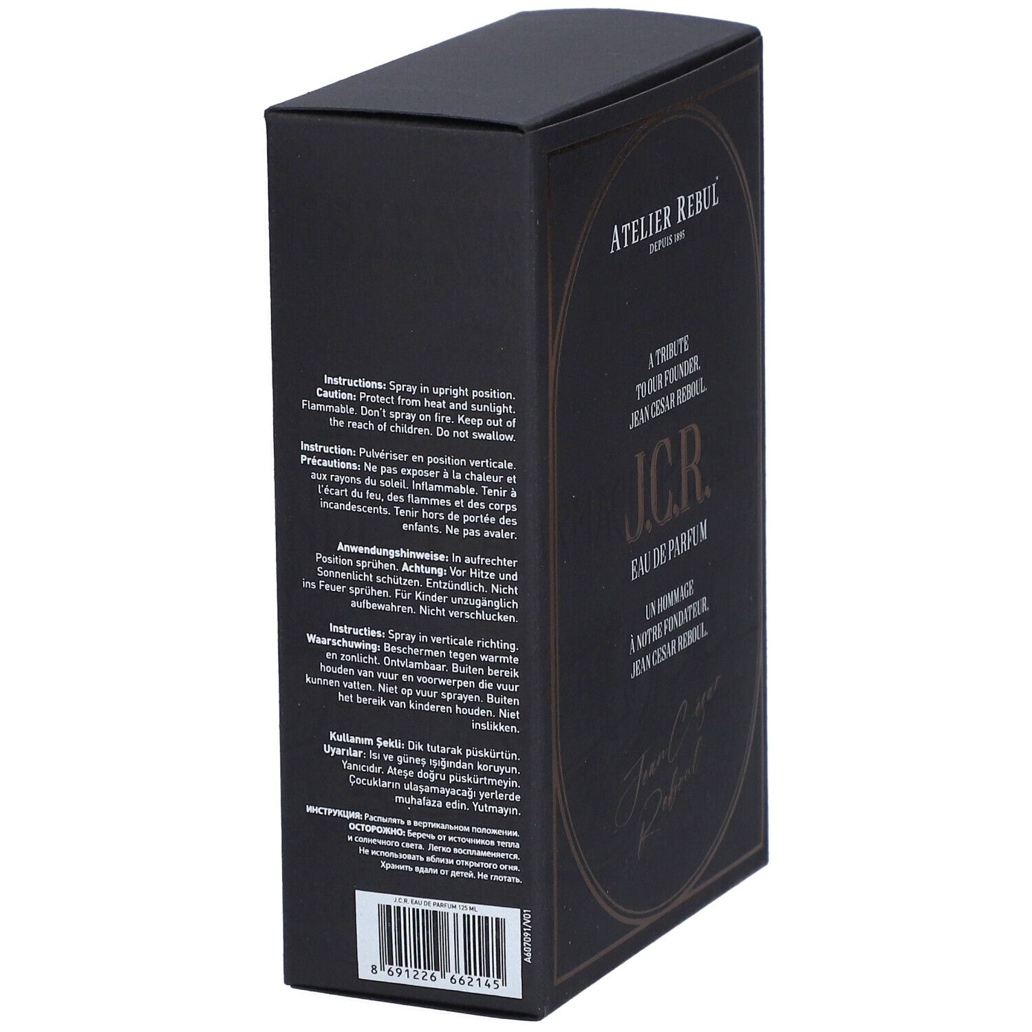 Schwarzer Karton, Seitenansicht. Text: Atelier Rebul, J.C.R. Eau de Parfum. Warnhinweise und Inhaltsstoffe.