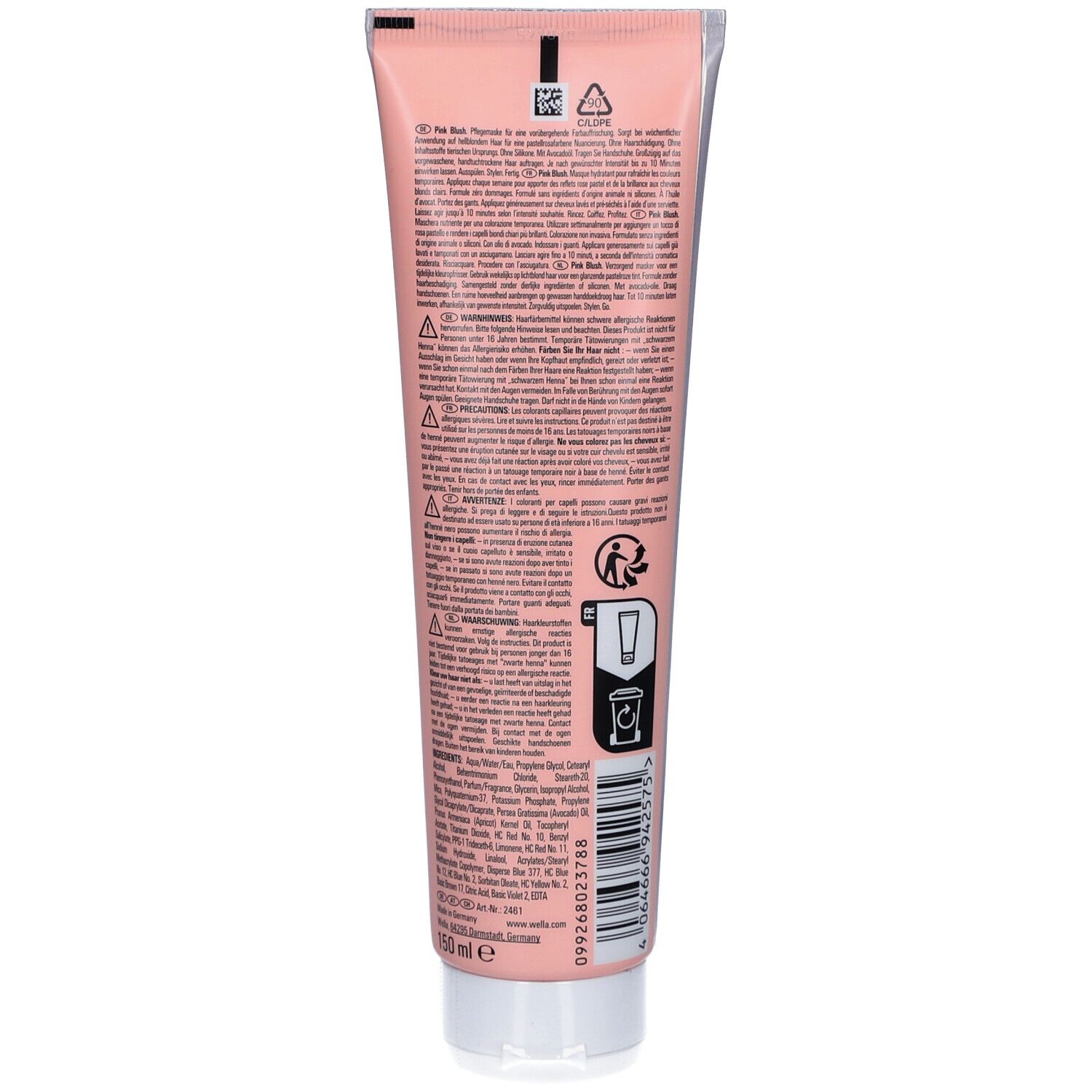 Rückseite der Haarmaske in Tube. Text mit Inhaltsstoffen und Anwendungshinweisen. Farbton: Pink Blush. Marke: Wella.