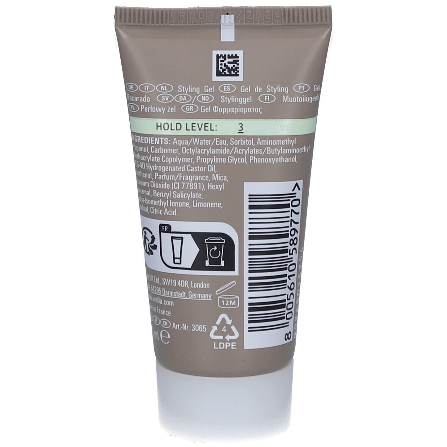 Rückseite der Wella Eimi Pearl Styler Gel Tube. Inhaltsstoffe und Informationen sind sichtbar.