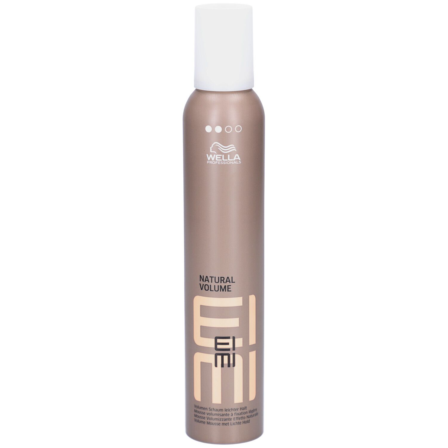 Haarschaum-Flasche. Weißer Deckel, brauner Behälter mit Schriftzug EIMI, NATURAL VOLUME und Wella-Logo.