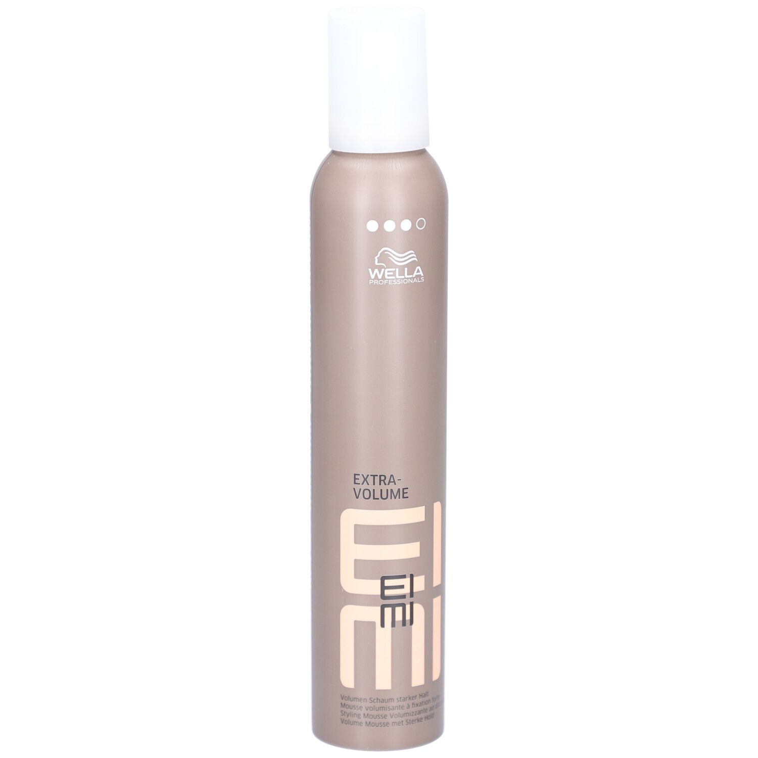 Wella EIMI Extra Volume Mousse in einem taupefarbenen Aerosolbehälter mit weißem Deckel. "EIMI" und "EXTRA VOLUME" sind aufgedruckt.
