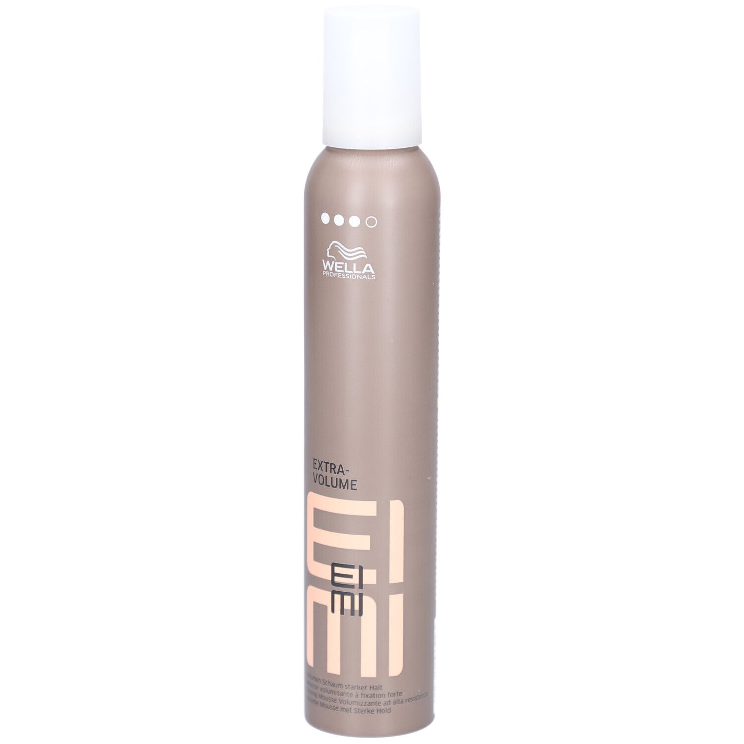 Wella EIMI Extra Volume Mousse in einem taupefarbenen Aerosolbehälter mit weißem Deckel. Beschriftung: Wella, EIMI, Extra Volume.