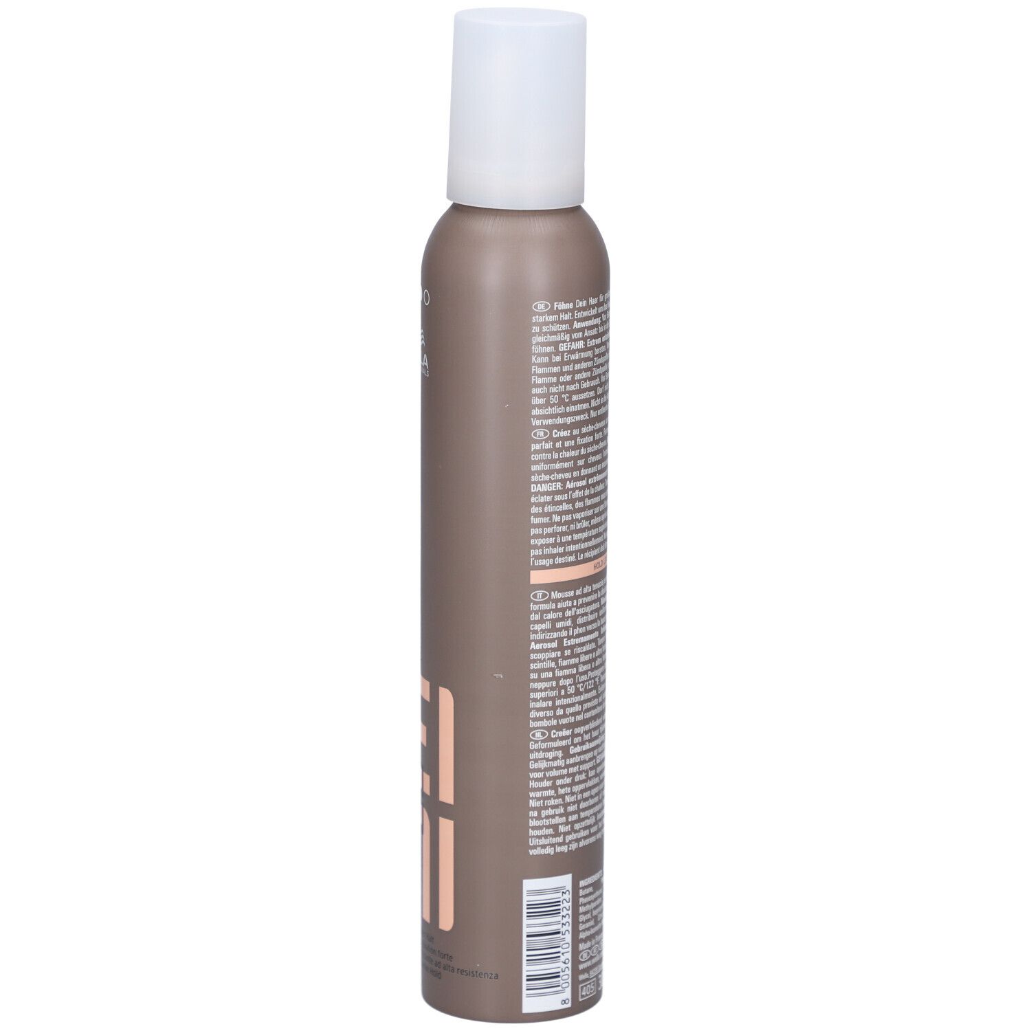 Braune Aerosoldose mit weißem Verschluss und Etikett mit Text.