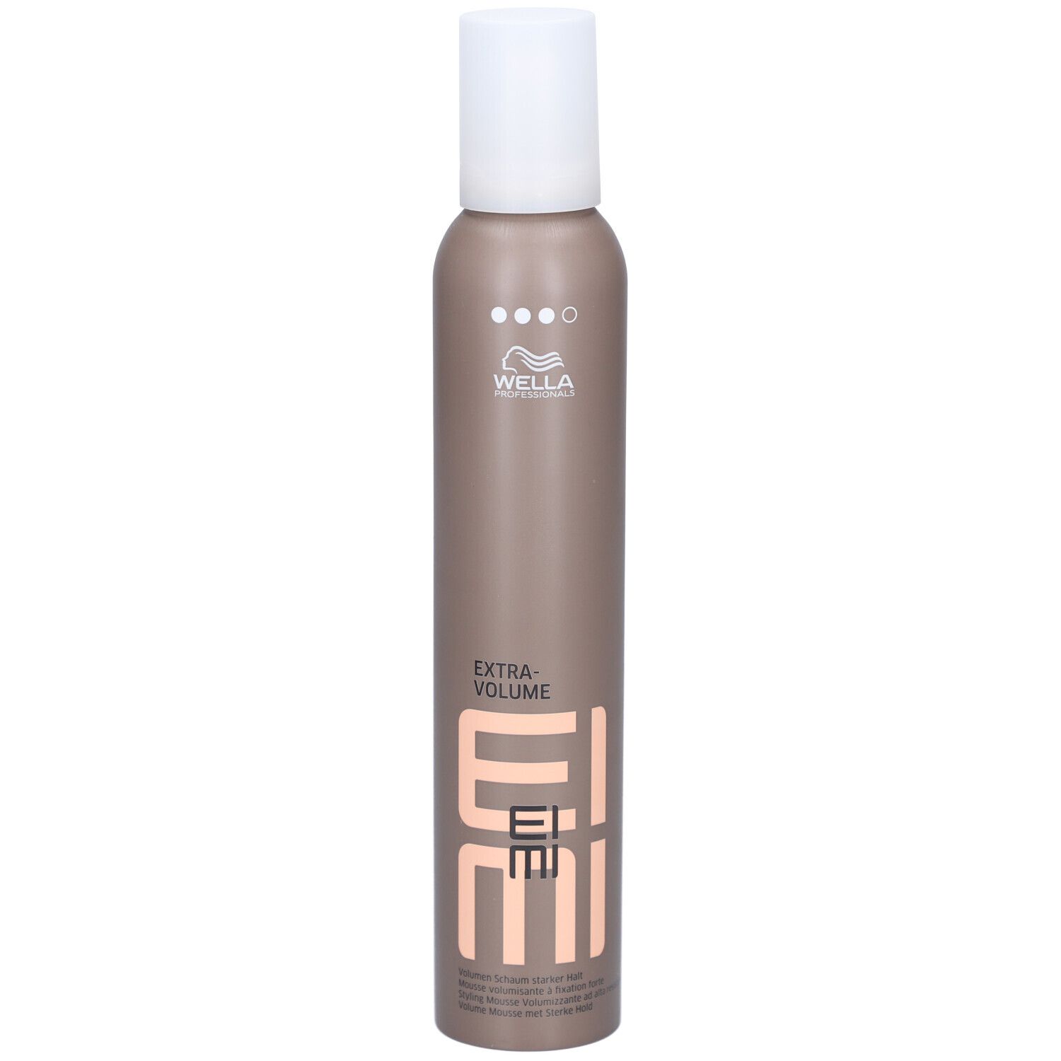 Wella EIMI Extra Volume Mousse in brauner Dose mit weißem Deckel. "Extra Volume" und "EIMI" Schriftzug.