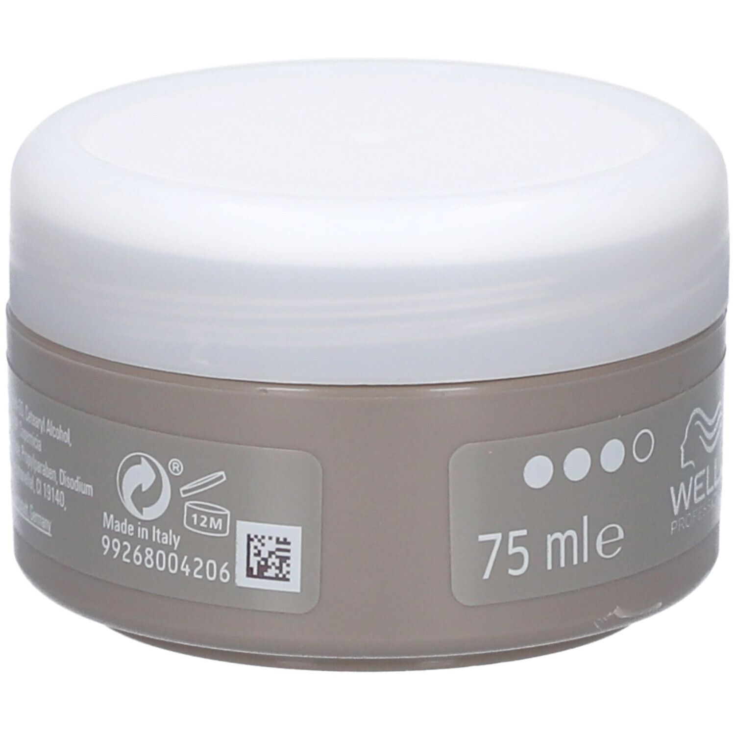 Rückseite der Dose. Aufschrift: 75 ml, Made in Italy, 12M. QR-Code und Inhaltsstoffe.