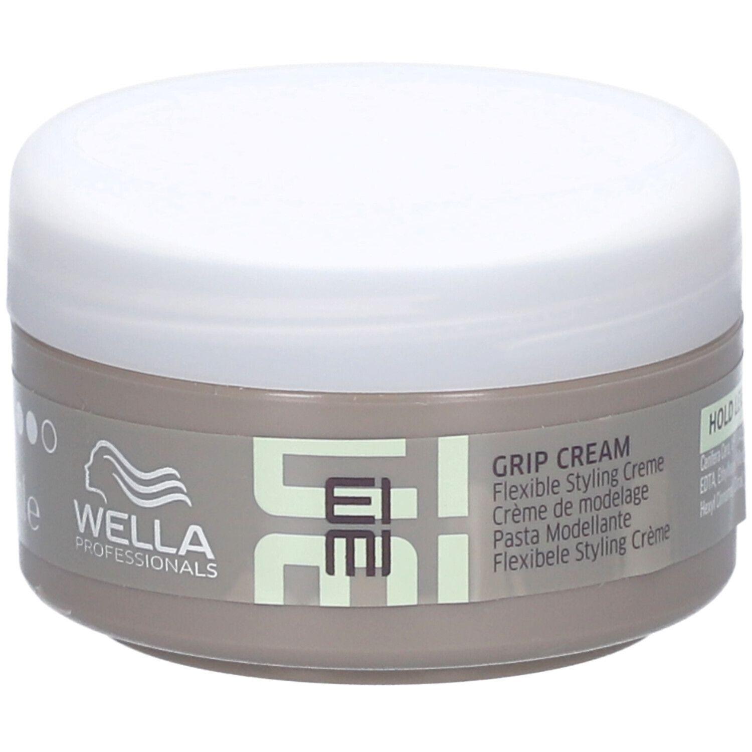 Runde Dose mit weißem Deckel. Aufschrift: EIMI, Grip Cream. Marke: WELLA PROFESSIONALS. Hold Level 3.