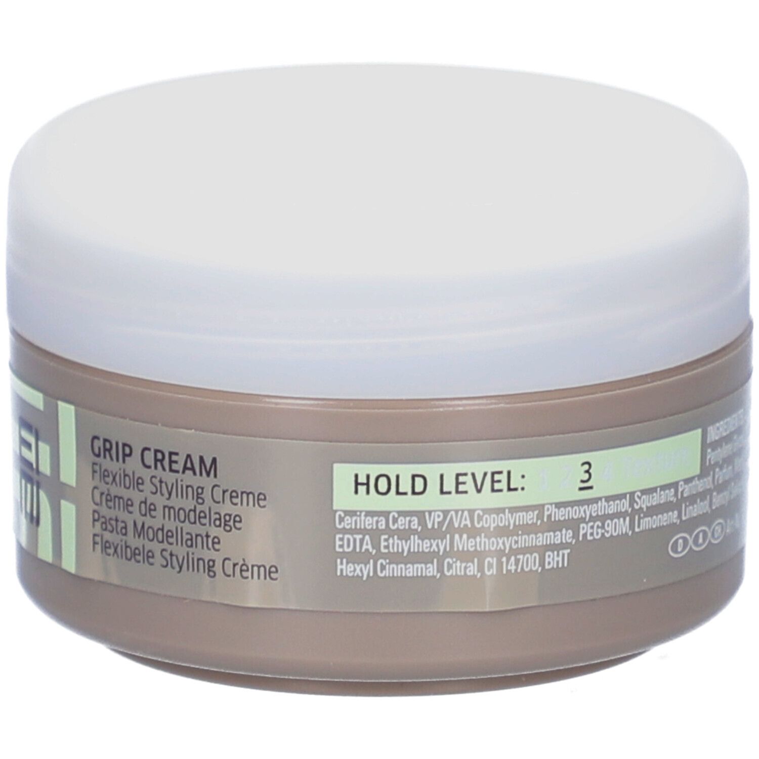 Runde Dose mit weißem Deckel. Aufschrift: EIMI, Grip Cream. Marke: WELLA PROFESSIONALS. Hold Level 3.