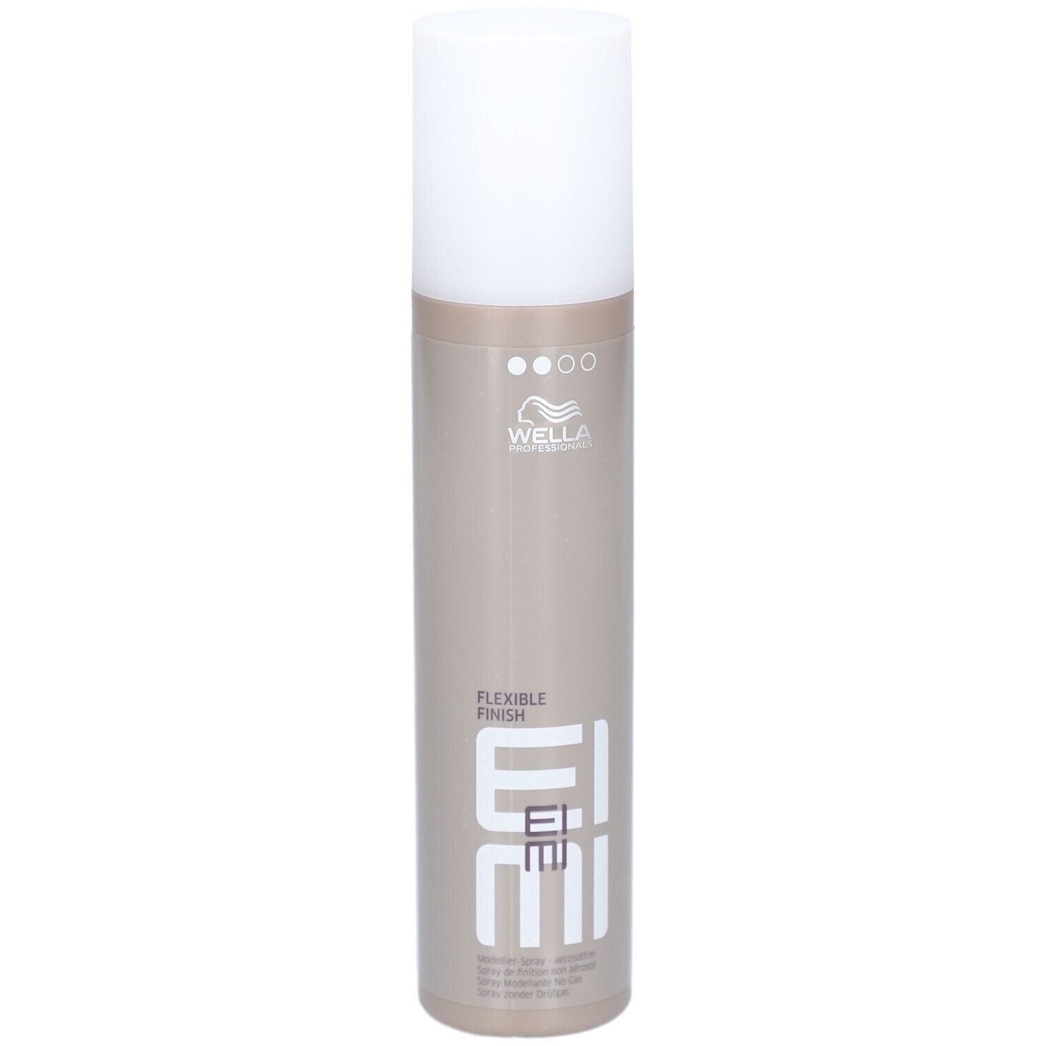 Wella EIMI Flexible Finish Haarspray in einem taupefarbenen Aerosolbehälter mit weißem Deckel. Marke und Produktname sichtbar.