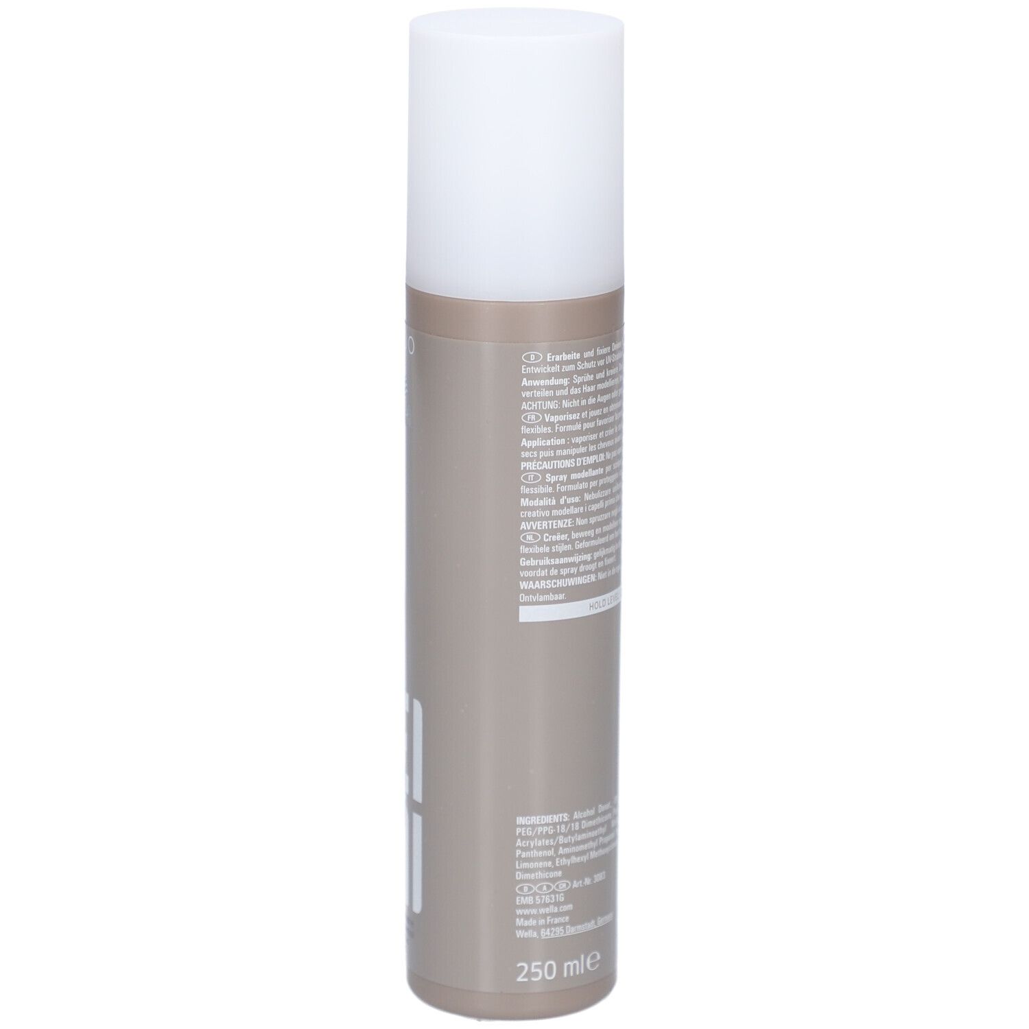 Graue Aerosoldose mit weißem Verschluss und Textaufdruck, 250 ml.
