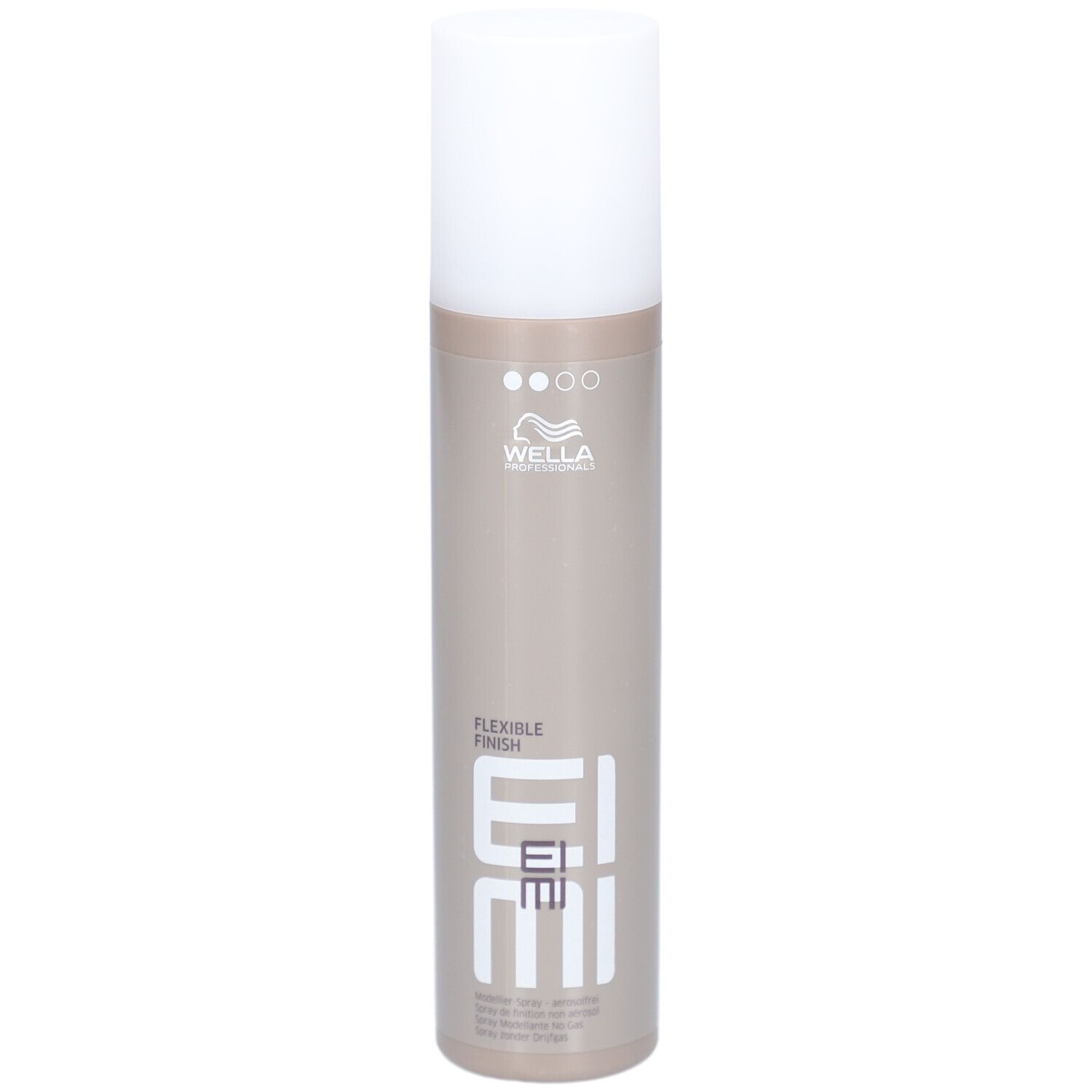 Wella EIMI Flexible Finish Haarspray in beigefarbener Dose mit weißem Verschluss.
