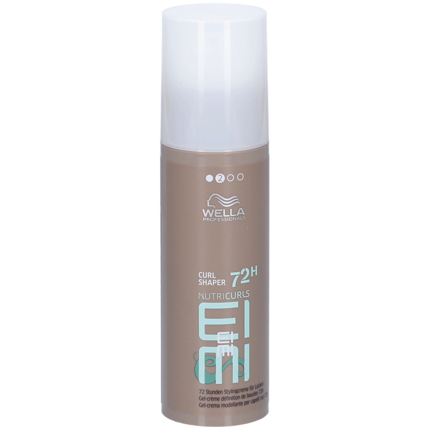 Wella Eimi Nutricurls Curl Shaper Flakon mit weißem Pumpspender. Brauner Flakon mit silberner Schrift.