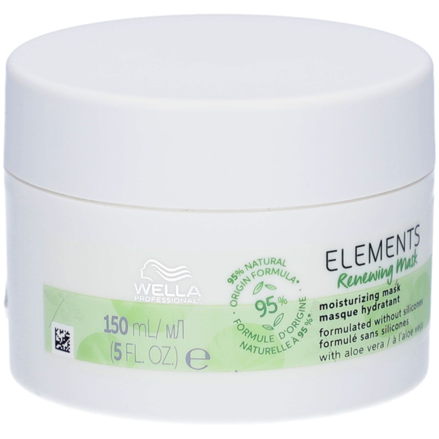 Weißer Tiegel mit Deckel. Aufschrift: ELEMENTS Renewing Mask, 95% natürliche Inhaltsstoffe. Wella-Logo.
