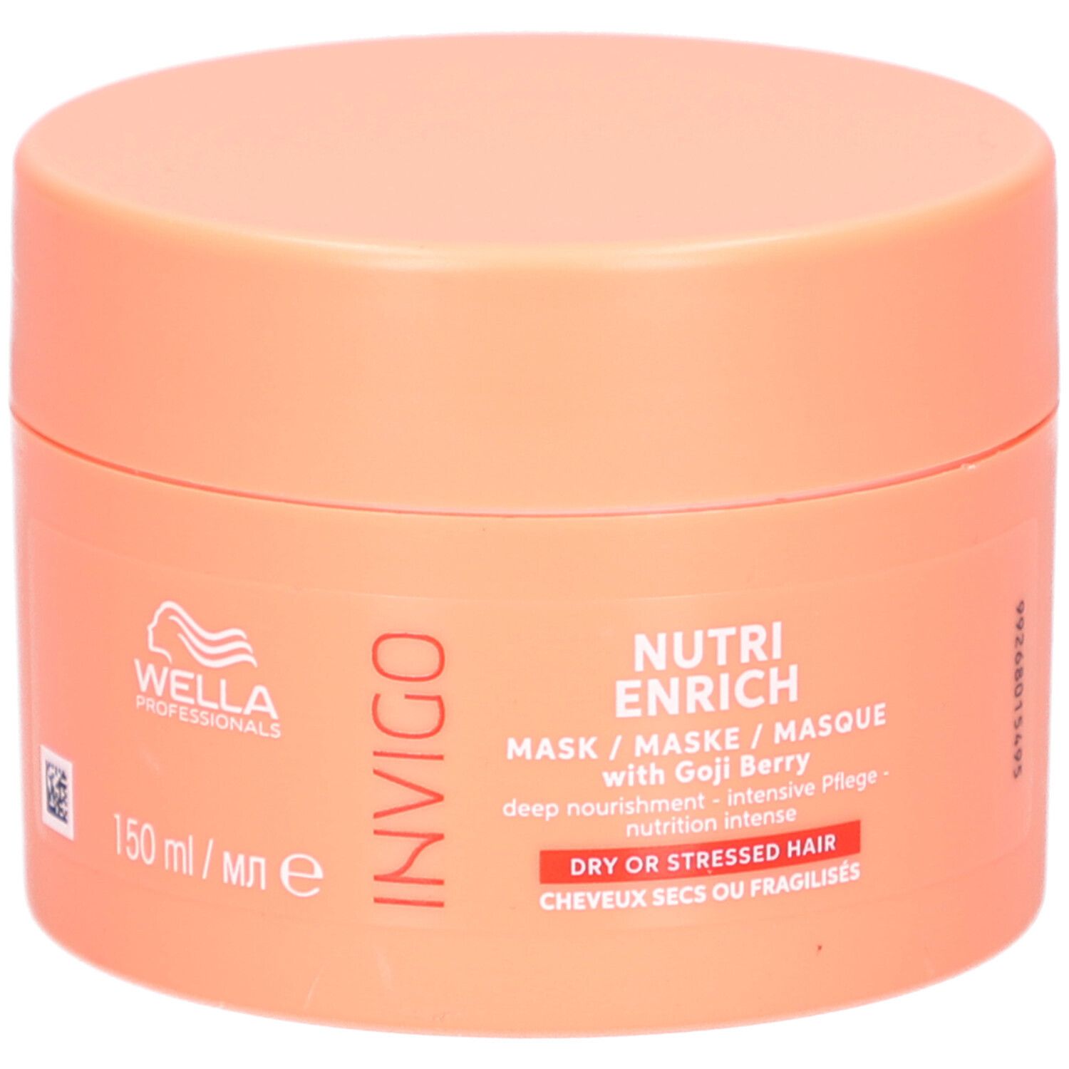 Runde Dose mit orangefarbenem Deckel. Aufschrift: Invigo Nutri Enrich Maske mit Goji-Beere. Für trockenes oder strapaziertes Haar.