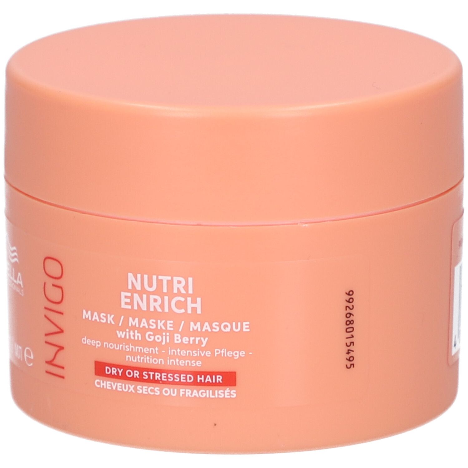 Runde Dose mit orangefarbenem Deckel. Aufschrift: Nutri Enrich Maske mit Goji-Beere. Für trockenes oder strapaziertes Haar.