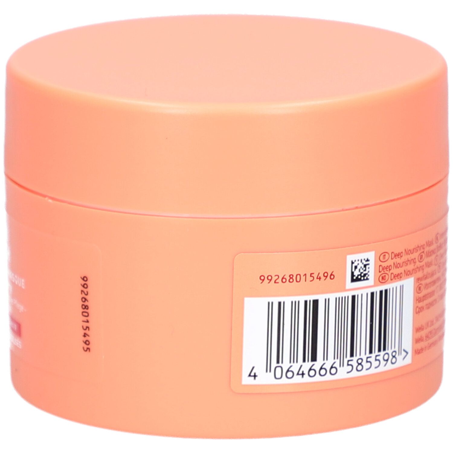 Runde Dose mit orangefarbenem Deckel. Rückseite mit Text und Barcode. Enthält Informationen zum Produkt.