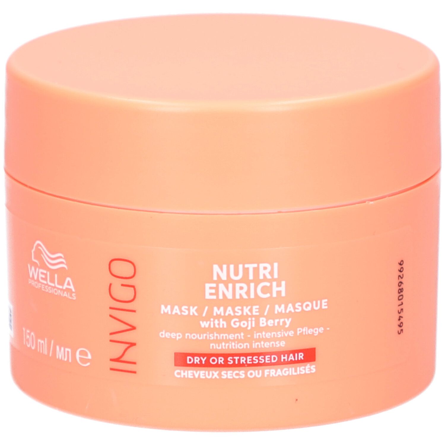 Runde Dose mit orangefarbenem Deckel. Aufschrift: Invigo Nutri Enrich Maske mit Goji-Beere. Für trockenes oder strapaziertes Haar.