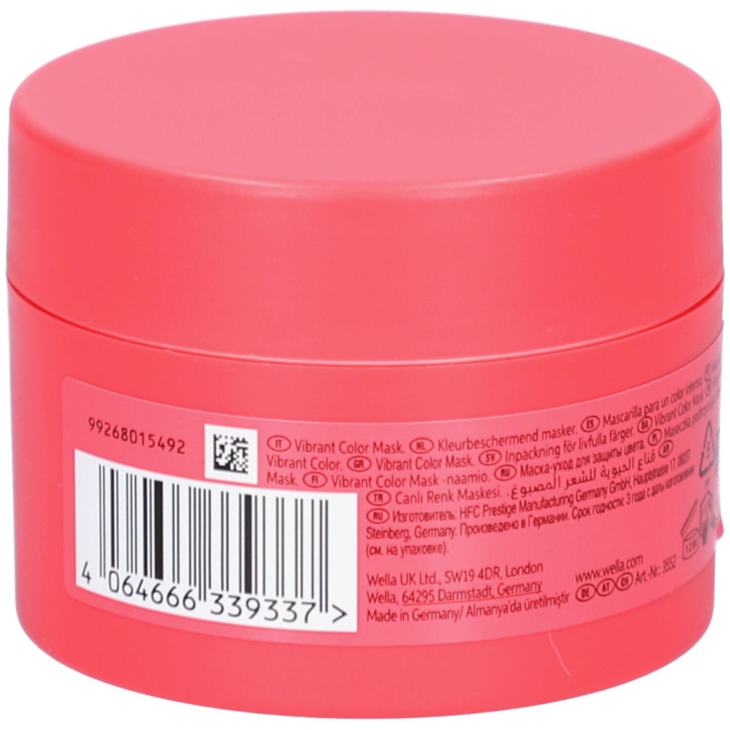 Rote Dose, Rückseite. Text: Vibrant Color Mask. Informationen zu Inhaltsstoffen und Hersteller. Barcode.