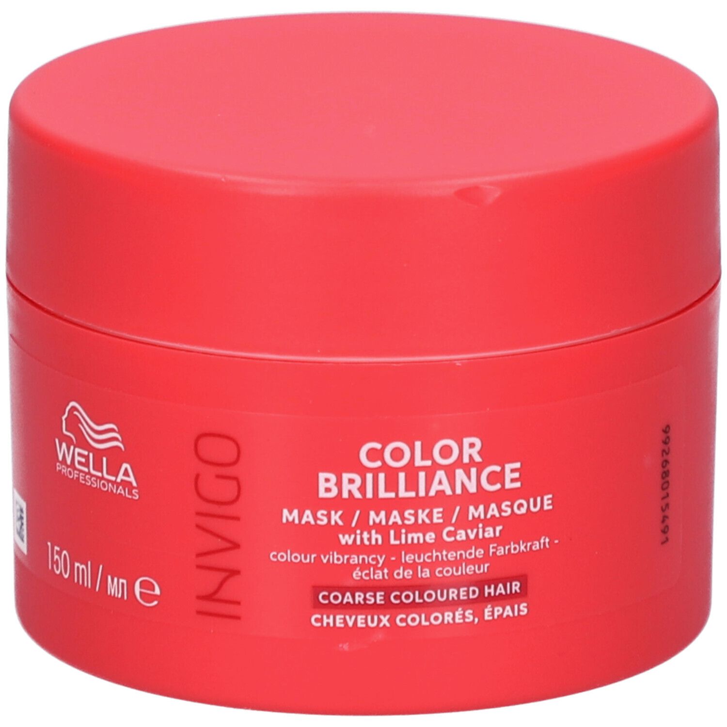 Runde, rote Dose. Aufschrift: INVIGO, COLOR BRILLIANCE, Maske mit Limettenkaviar. Für coloriertes, dickes Haar.