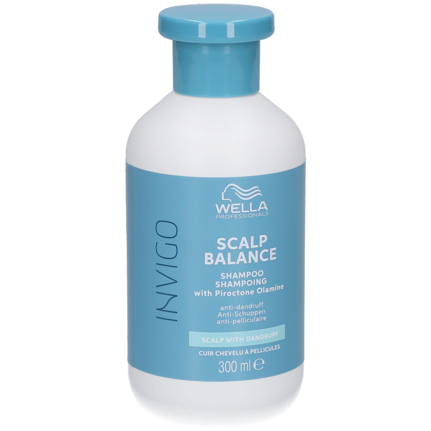 Weiße Flasche mit blauem Deckel und Etikett. Aufschrift: INVIGO, SCALP BALANCE, Shampoo, 300 ml.