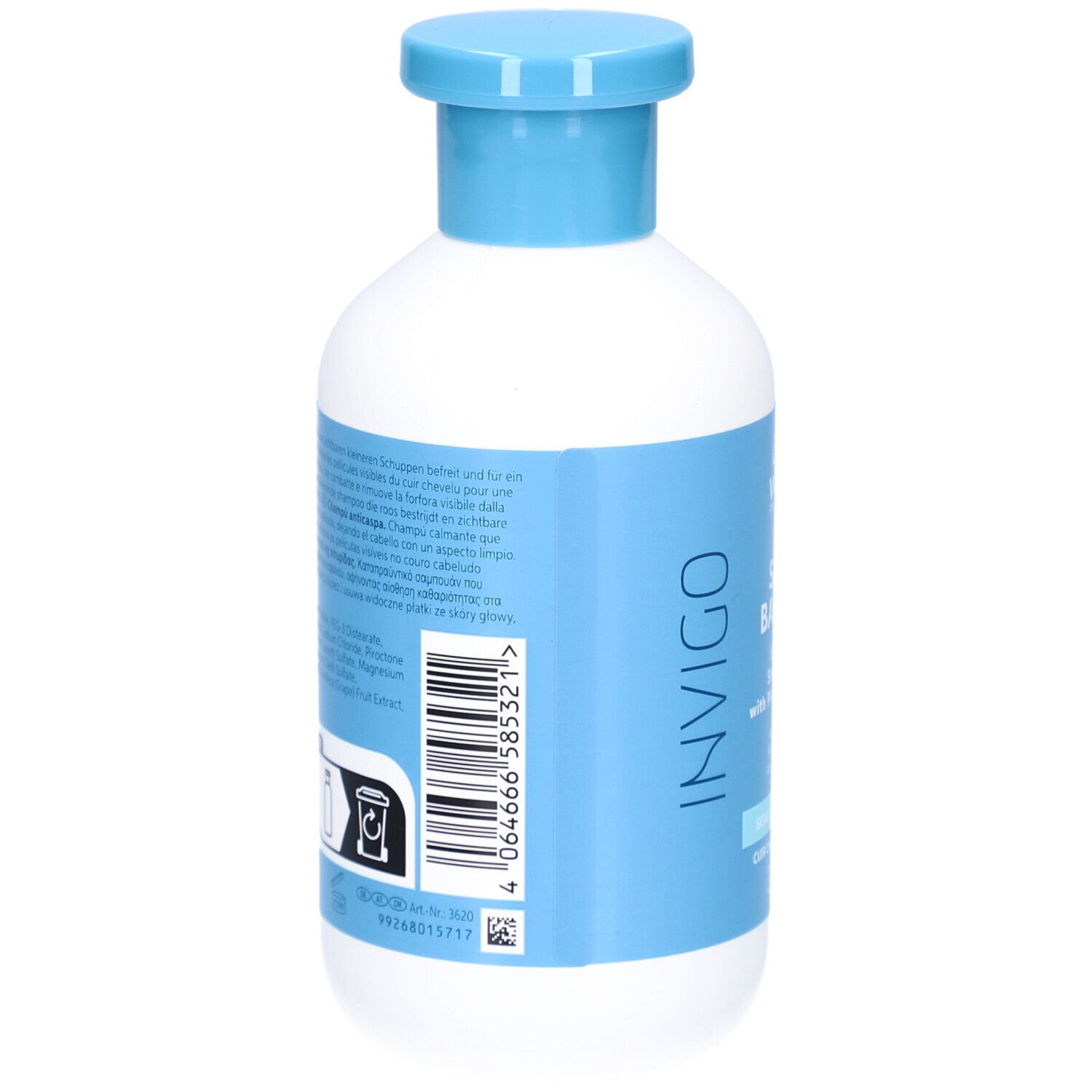 Rückseite einer weißen Flasche mit blauem Deckel. Barcode und Text. Aufschrift: INVIGO, SCALP BALANCE.