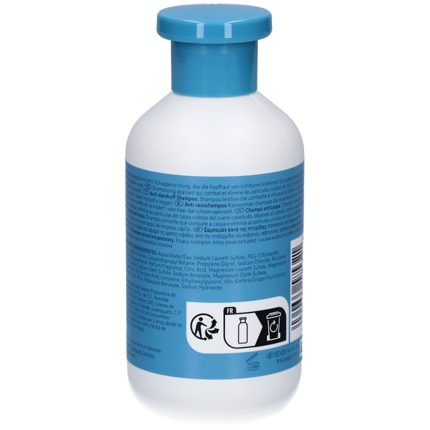 Rückseite einer weißen Flasche mit blauem Deckel. Text und Piktogramme. Aufschrift: INVIGO, SCALP BALANCE.