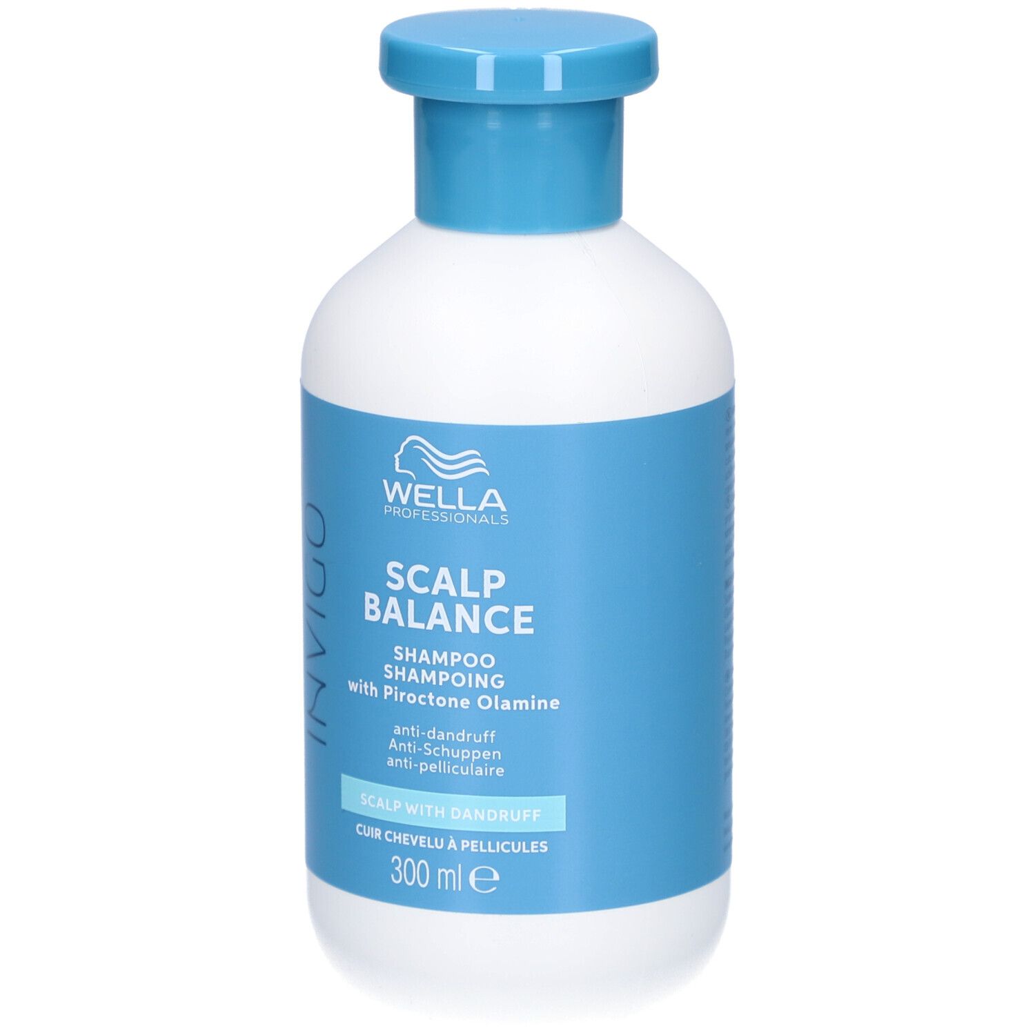 Weiße Flasche mit blauem Deckel und Etikett. Aufschrift: INVIGO, SCALP BALANCE, Shampoo, 300 ml.