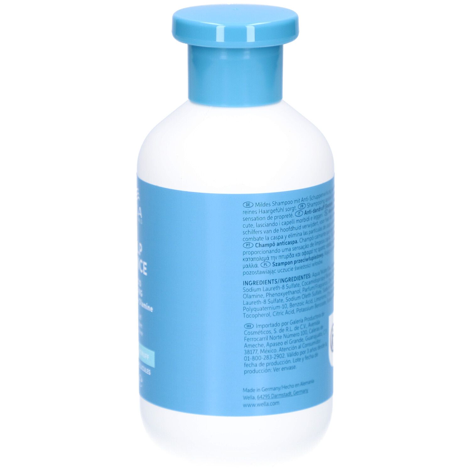 Rückseite einer weißen Flasche mit blauem Deckel. Text und Inhaltsstoffe. Aufschrift: INVIGO, SCALP BALANCE.