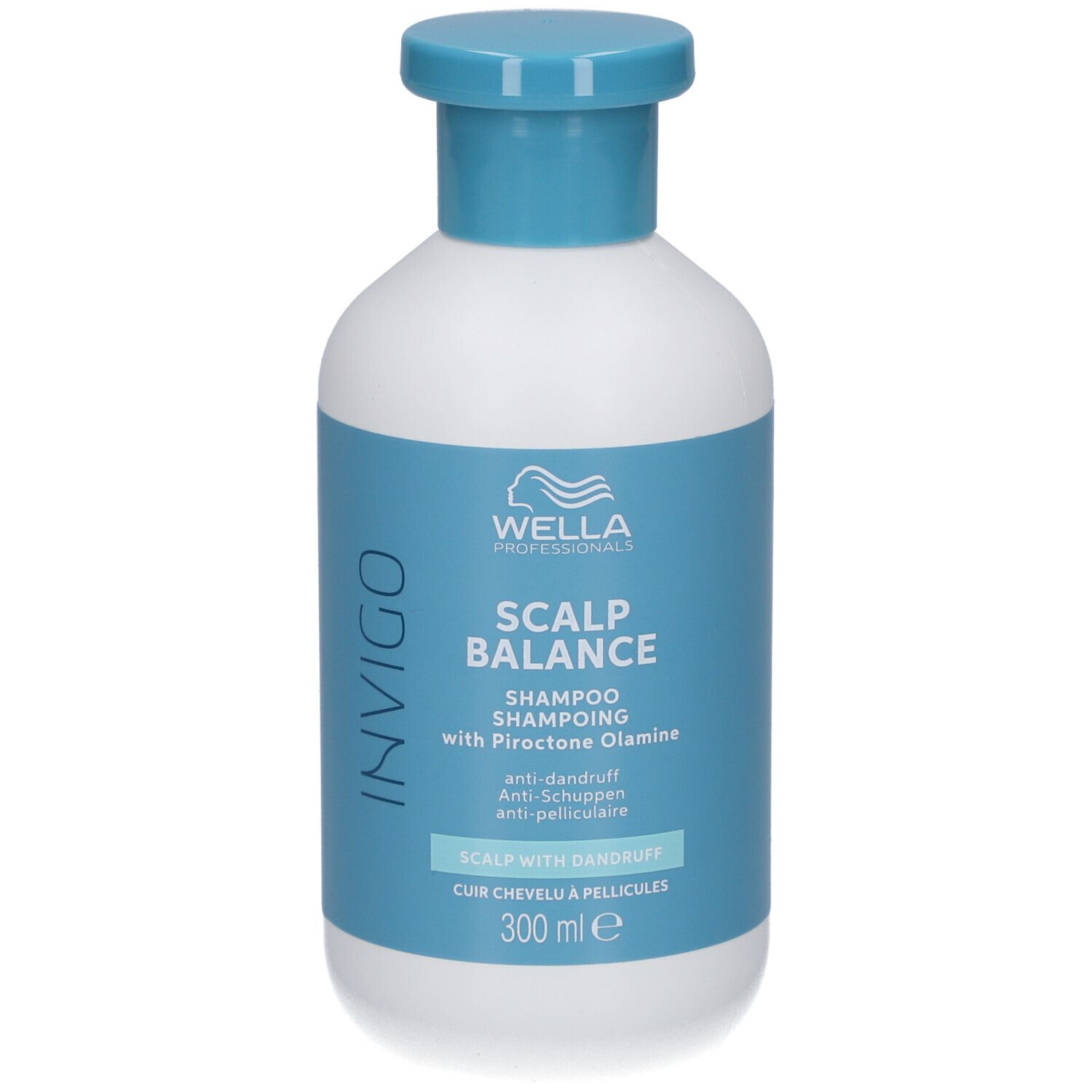Weiße Flasche mit blauem Deckel und Etikett. Aufschrift: INVIGO, SCALP BALANCE, Shampoo, 300 ml.