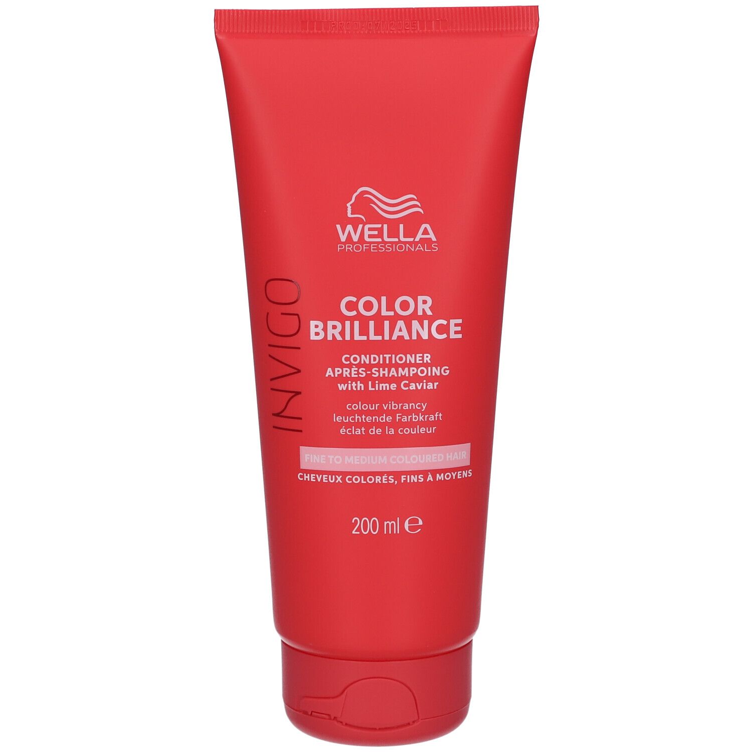 Rote Tube mit Schriftzug INVIGO, COLOR BRILLIANCE, Conditioner. Enthält 200 ml. Mit Lime Caviar. Für coloriertes, feines Haar.