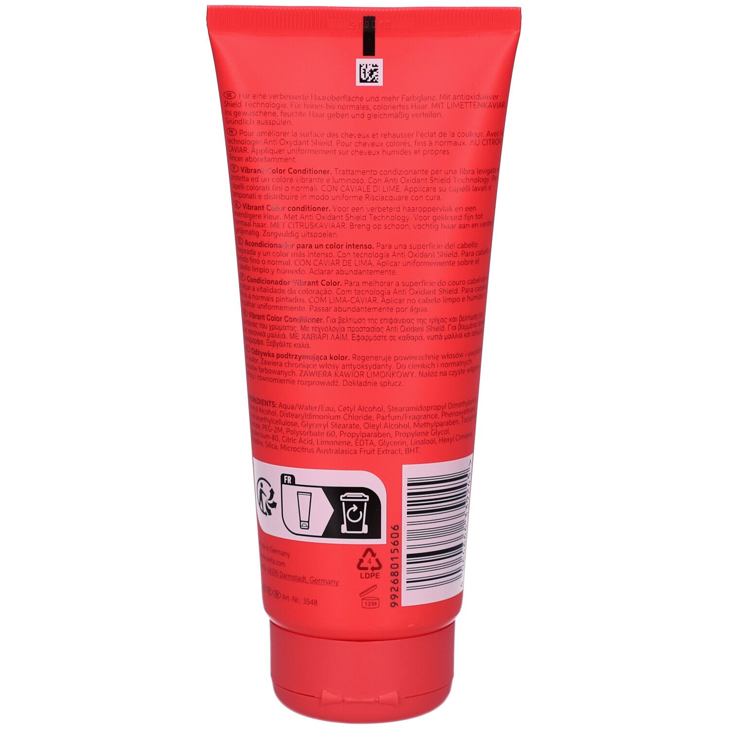 Rückseite einer roten Tube. Text in mehreren Sprachen. Barcode und Recycling-Symbol. Enthält Informationen zum Produkt.