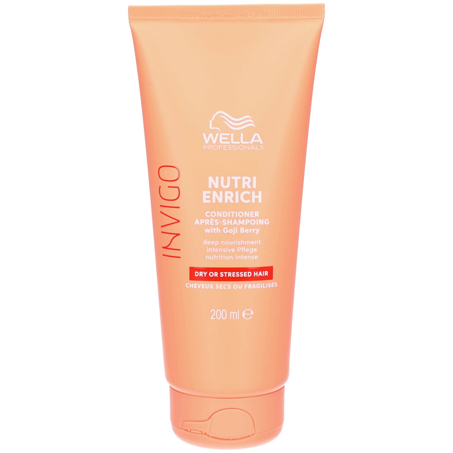 Aprés-shampooing Wella Invigo Nutri-Enrich. Orange Tube mit weißer Schrift. Text: Invigo, Nutri-Enrich, Conditioner, Cheveux Secs. 200 ml.