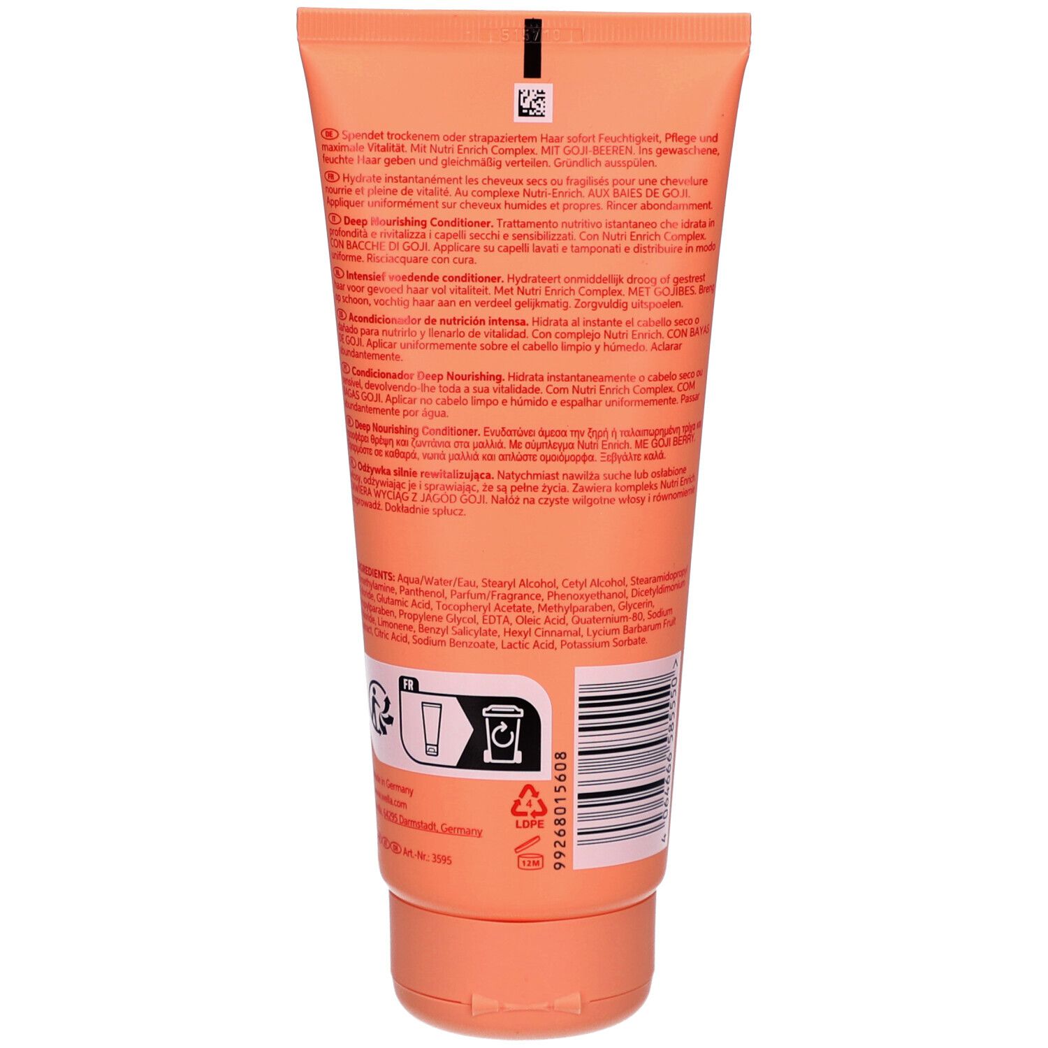 Rückseite der Tube Wella Invigo Nutri-Enrich. Text in mehreren Sprachen. Inhaltsstoffe und Recycling-Symbol. Barcode und Chargennummer.