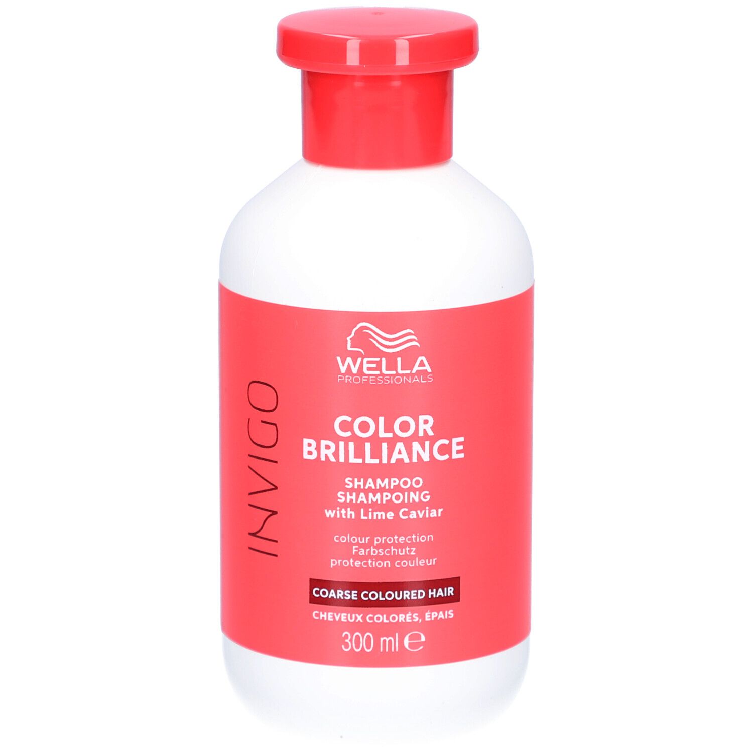 Weiße Flasche mit rotem Deckel und Etikett. Aufschrift: Wella Color Brilliance Shampoo, für grobes coloriertes Haar. 300 ml.
