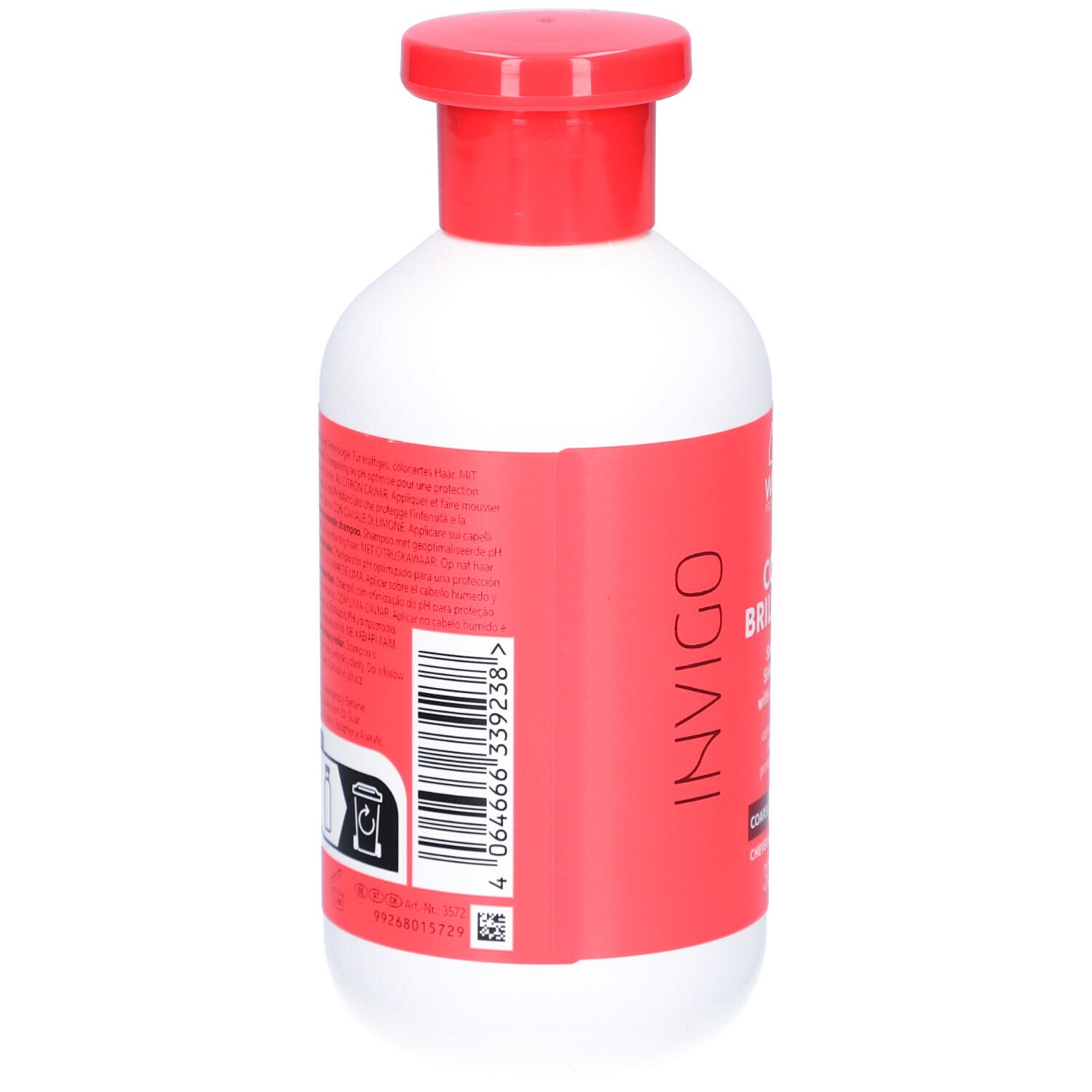 Rückseite einer weißen Flasche mit rotem Deckel. Etikett mit Text und Barcode. Produkt: Wella Color Brilliance Shampoo.