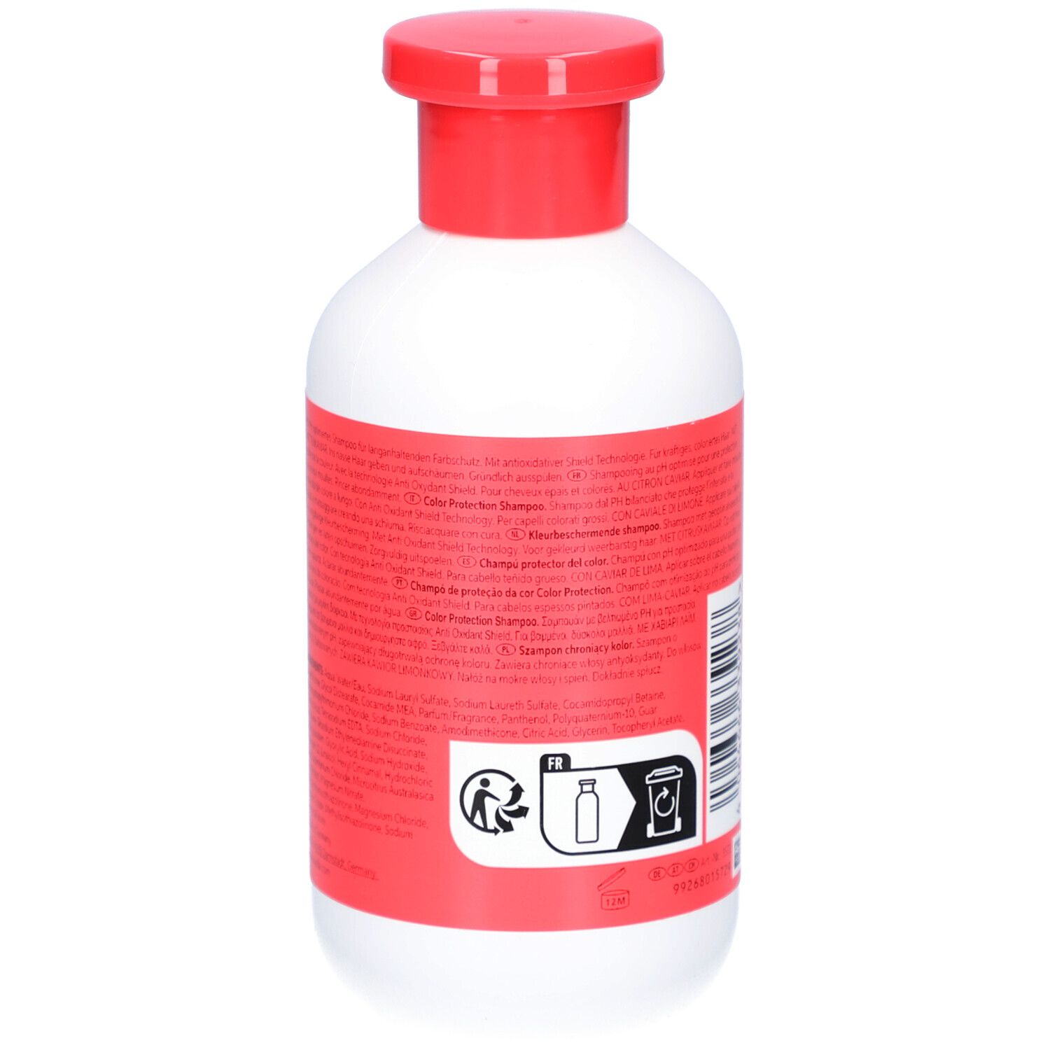 Rückseite einer weißen Flasche mit rotem Deckel. Etikett mit Text und Recycling-Symbolen. Produkt: Color Protection Shampoo.