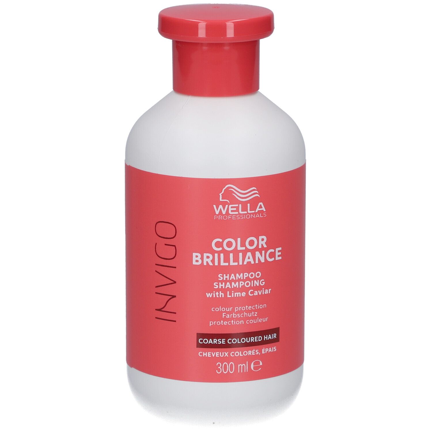 Weiße Flasche mit rotem Deckel und Etikett. Aufschrift: Wella Color Brilliance Shampoo, für grobes coloriertes Haar. 300 ml.