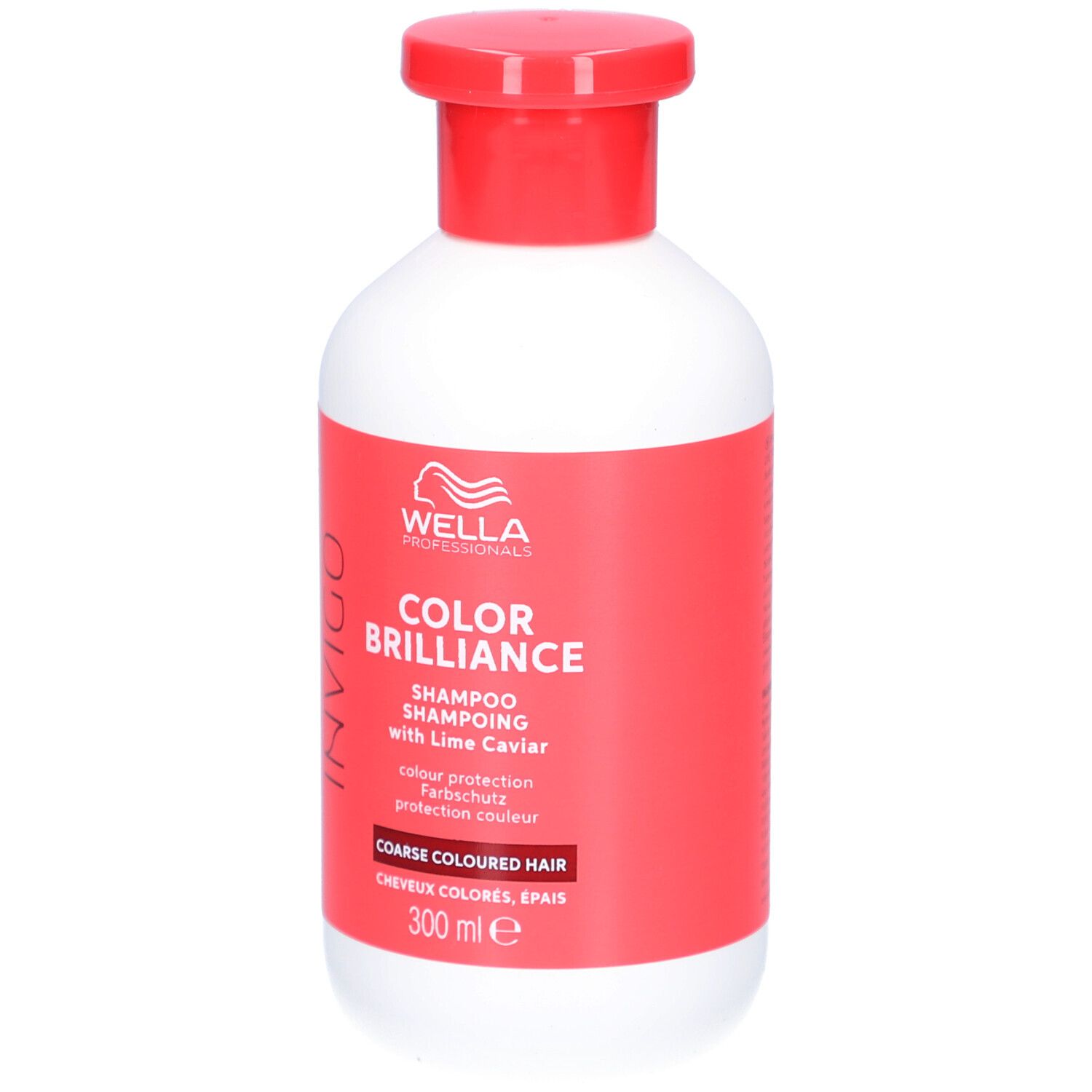 Weiße Flasche mit rotem Deckel und Etikett. Aufschrift: Wella Color Brilliance Shampoo, für grobes coloriertes Haar. 300 ml.