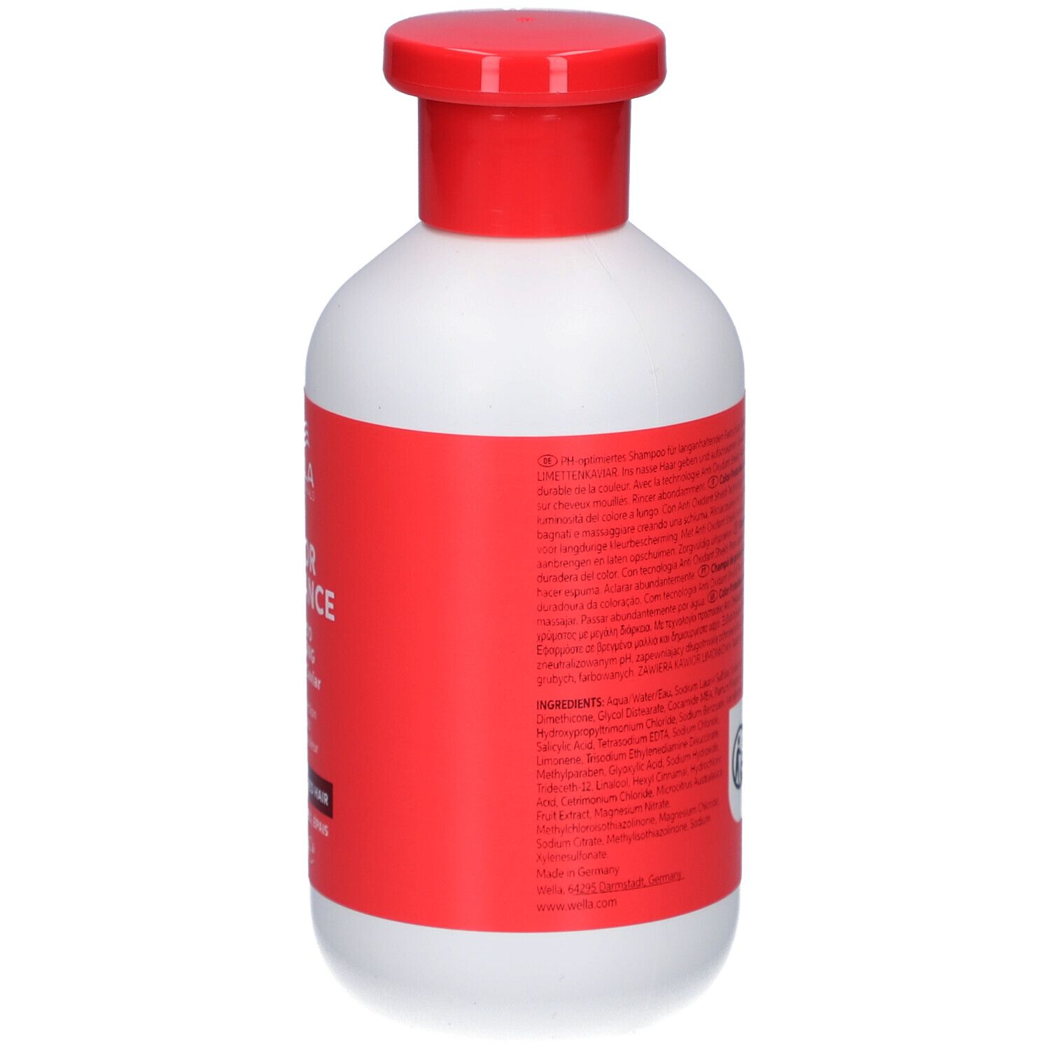 Rückseite einer weißen Flasche mit rotem Deckel. Etikett mit Text. Produkt: Wella Color Brilliance Shampoo.