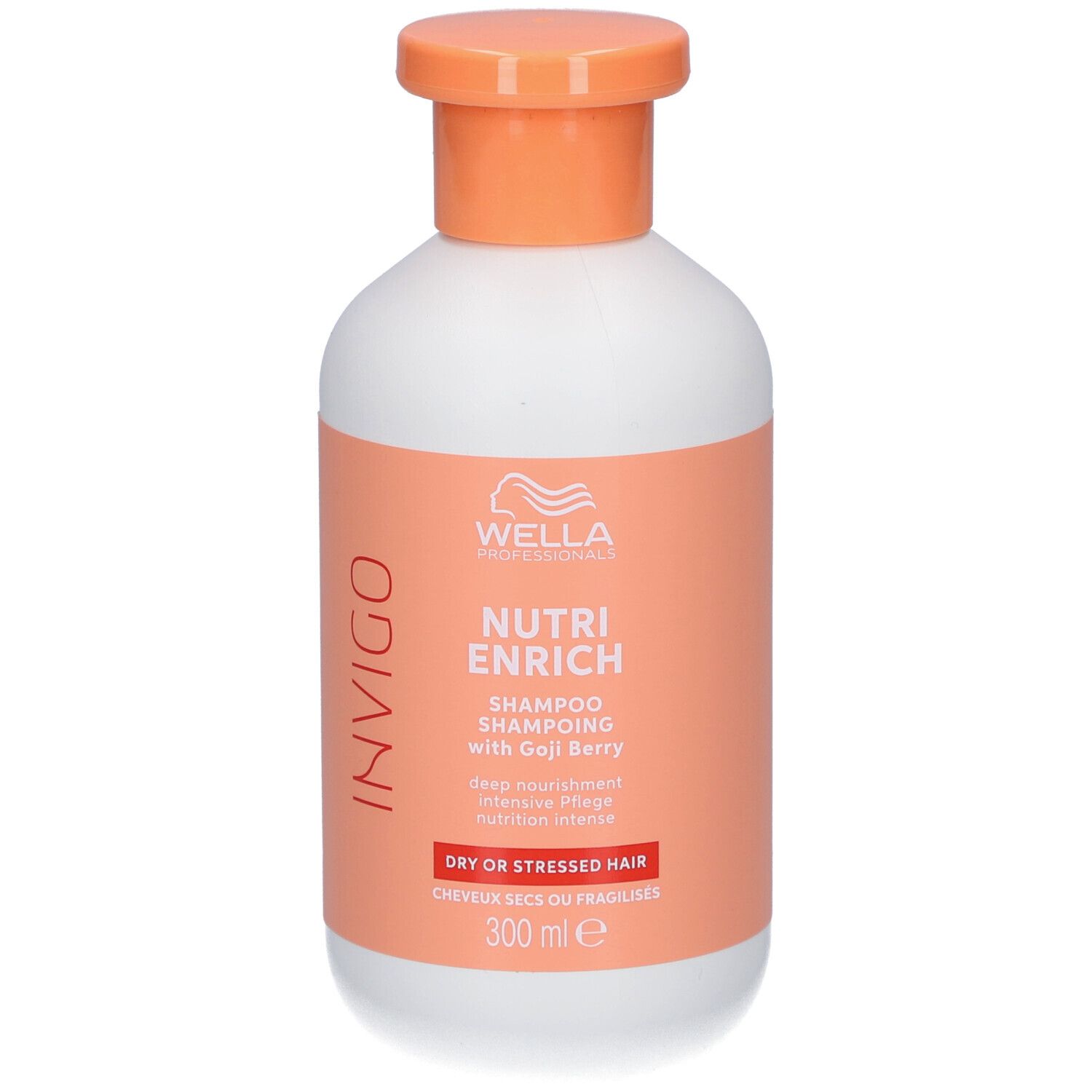 Weiße Flasche mit orangefarbenem Deckel und Etikett. Aufschrift: Invigo, Nutri Enrich Shampoo mit Goji-Beere.