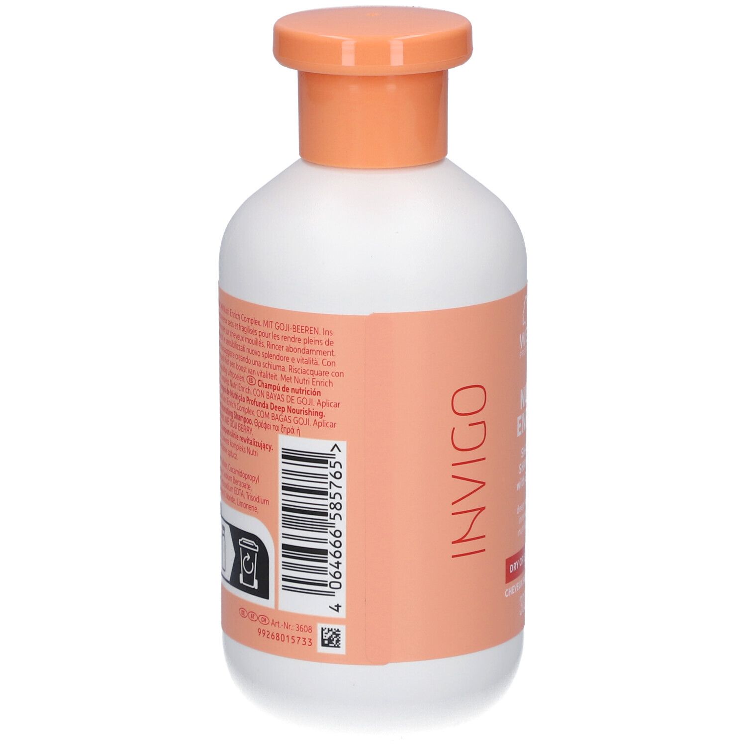 Rückseite einer weißen Flasche mit orangefarbenem Deckel. Etikett mit Text und Barcode. Aufschrift: Invigo.
