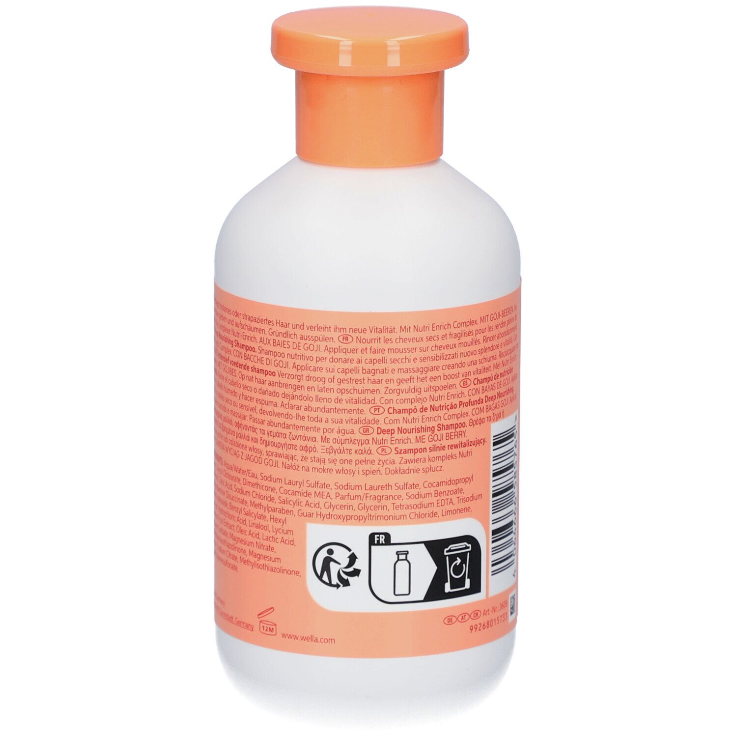 Rückseite einer weißen Flasche mit orangefarbenem Deckel. Etikett mit Text und Recycling-Symbolen. Aufschrift: Invigo.