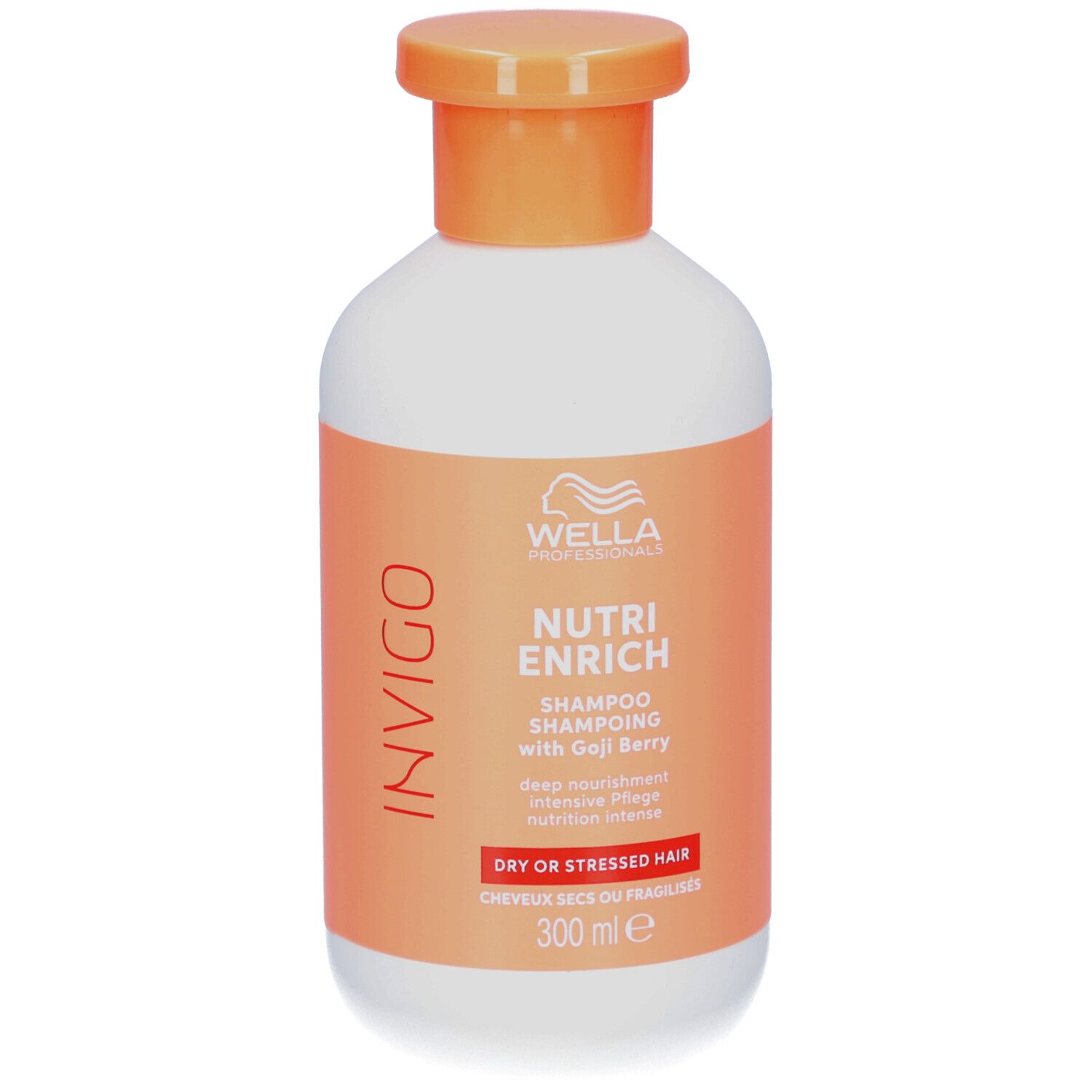 Weiße Flasche mit orangefarbenem Deckel und Etikett. Aufschrift: Invigo, Nutri Enrich Shampoo mit Goji-Beere.