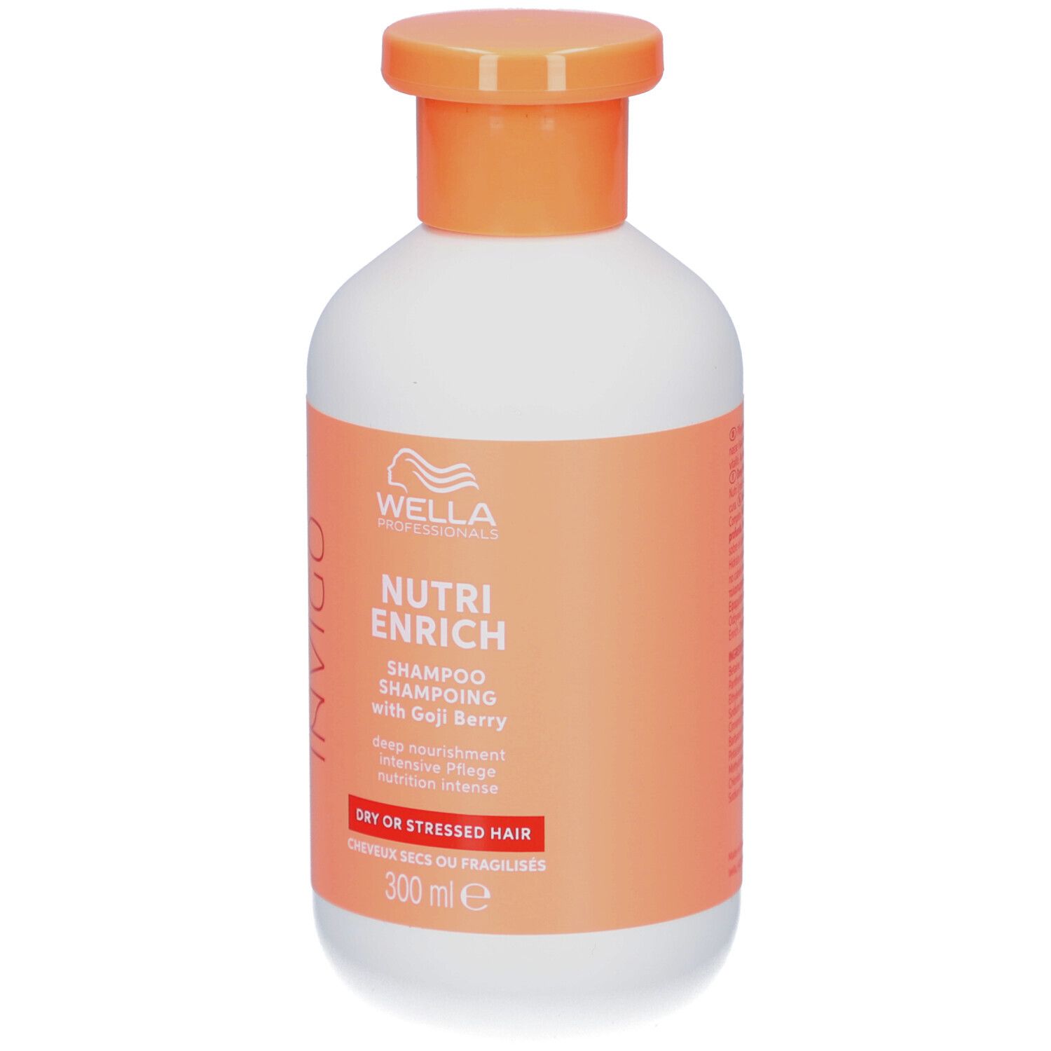 Weiße Flasche mit orangefarbenem Deckel und Etikett. Aufschrift: Invigo, Nutri Enrich Shampoo mit Goji-Beere.