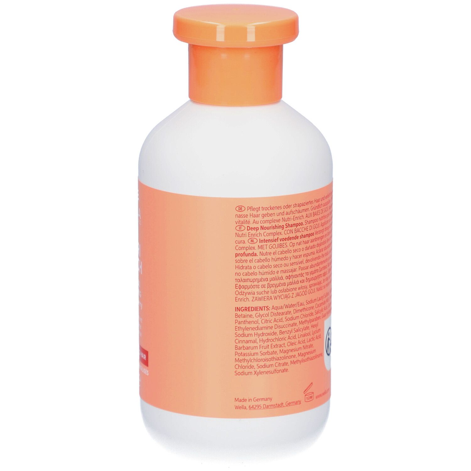 Rückseite einer weißen Flasche mit orangefarbenem Deckel. Etikett mit Text. Aufschrift: Invigo.